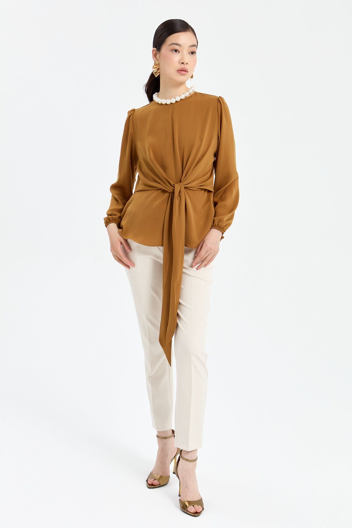 Nihan-Camel Colored Stylish Blouse - Front Tie-up Design 2