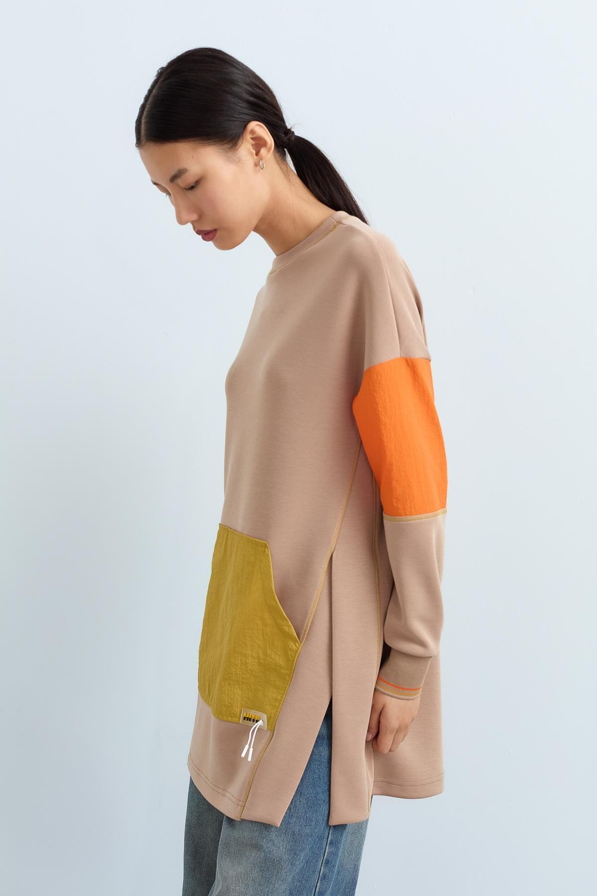 Nihan-Camel Color Blocked Kangaroo Sweatshirt - Pocketed 5