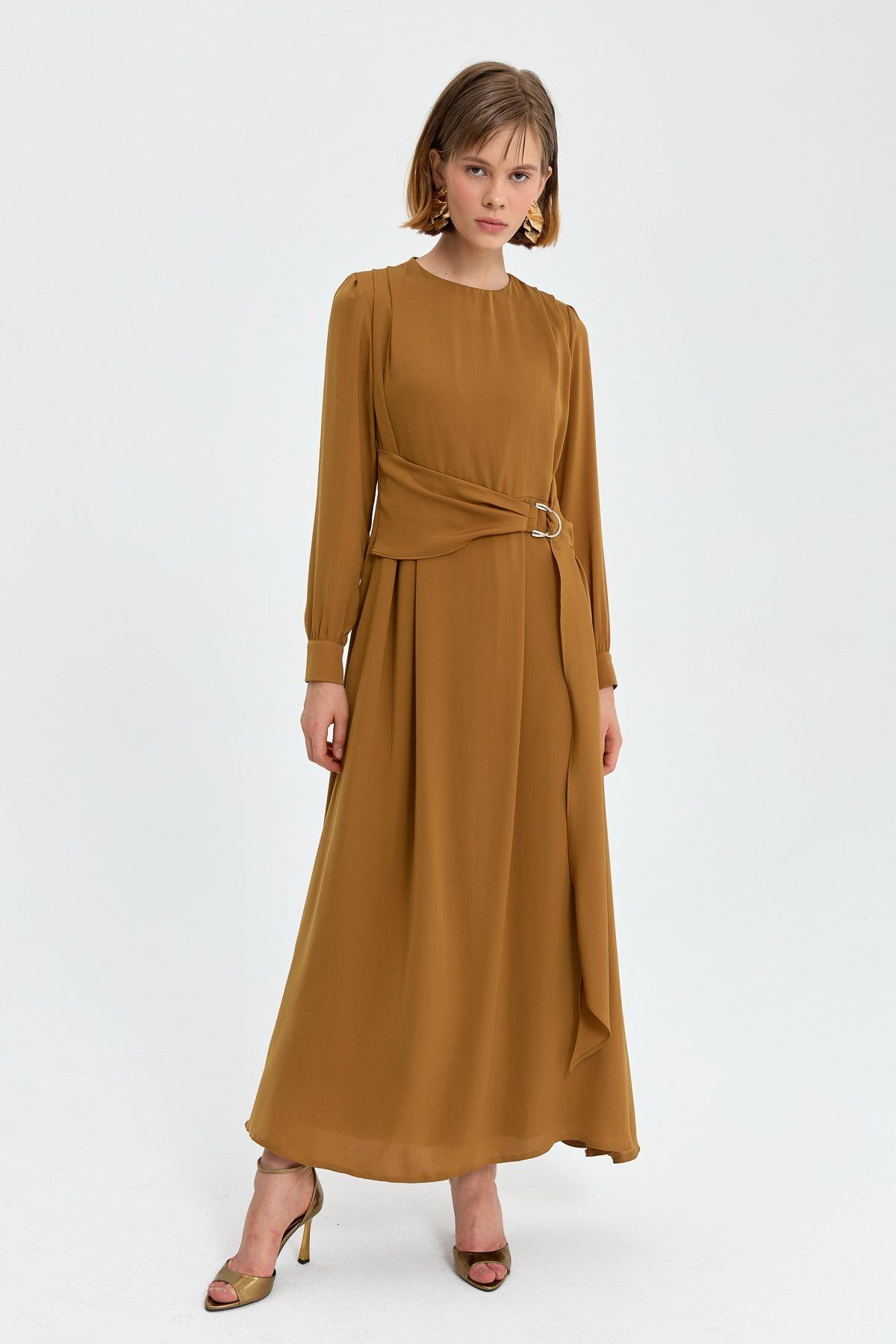 Kuşak Detaylı Elbise Camel - 2