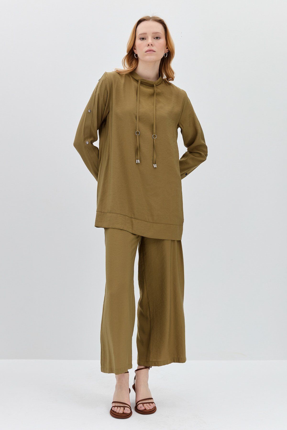 Nihan-Pants Tunic Set with Snap Detail on Sleeves Khaki 4