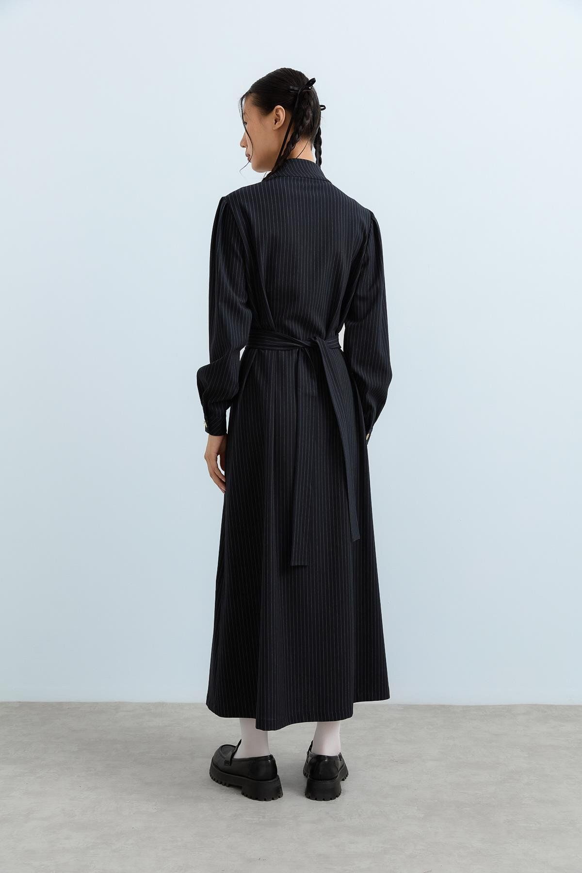 Nihan-Buttons Off the Shoulder Belted Striped Dress Navy Blue 6
