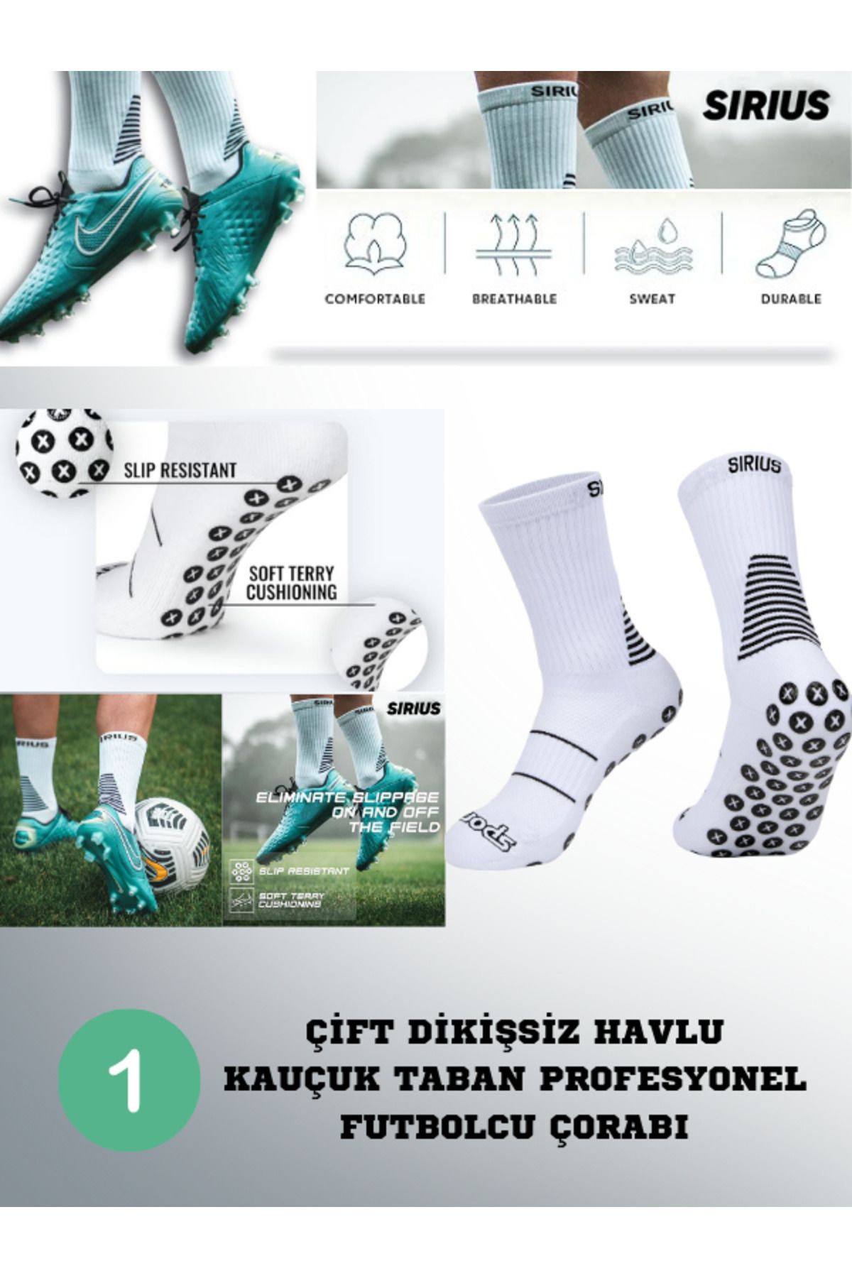 Bellanora Kaydırmaz Profesyonel Futbol Silikon Havlu Taban Dikişsiz Maç Sporcu Tozluk Halı Saha Beyaz Çorap