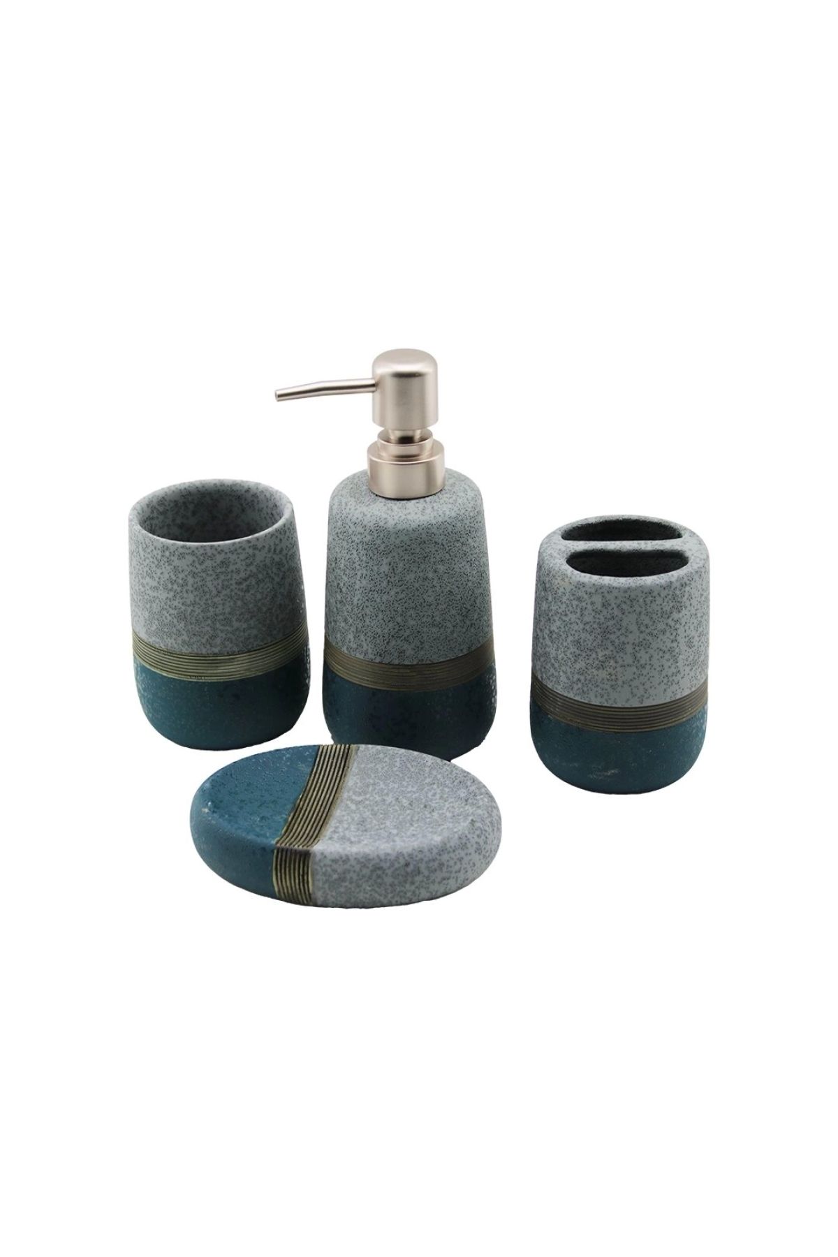 Go İthalat-4 Pcs Ocean Blue - Grey - Brown Ceramic Bathroom Cleaning Set Liquid - Solid Soap Dispenser - Toothbrush Holder - Paste 1