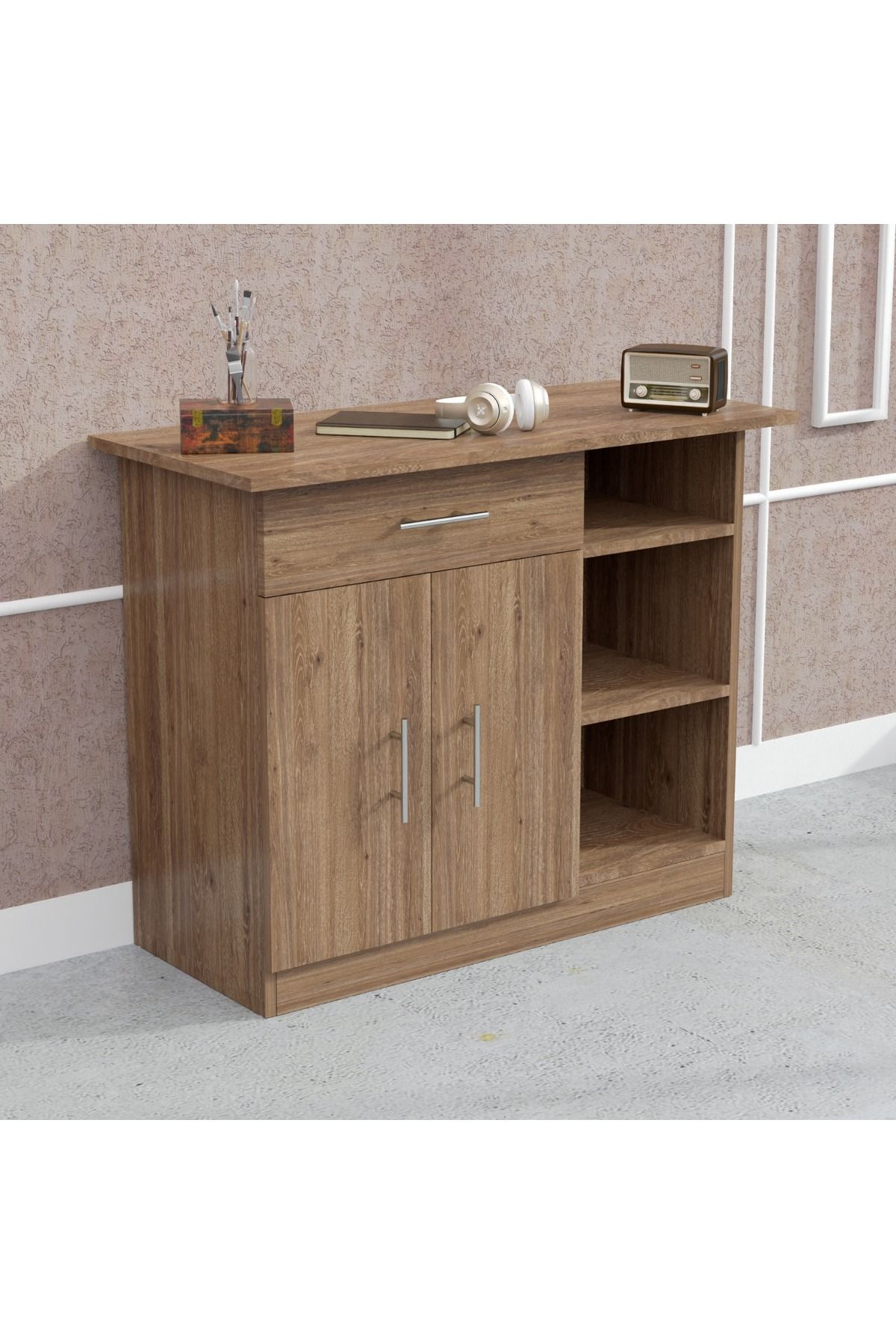 Mahmayi-Medium Height Cabinet with Single Drawer, 2 Door Storage and 3 Open Shelf-Truffle Davos Oak 4