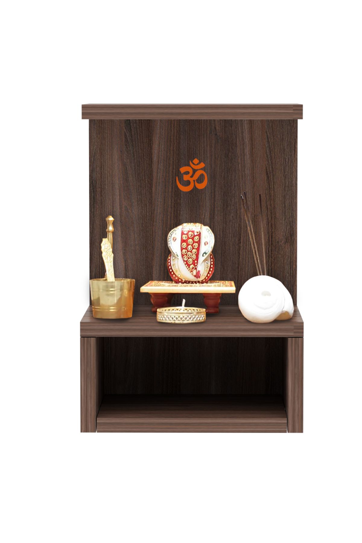 Mahmayi-Wooden Small Mandir, Temple with Single Open Shelf-Truffle Brown Branson Robinia 1