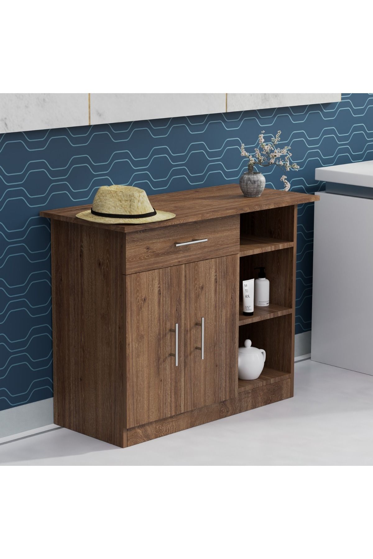 Mahmayi-Medium Height Cabinet with Single Drawer, 2 Door Storage and 3 Open Shelf-Truffle Davos Oak 3