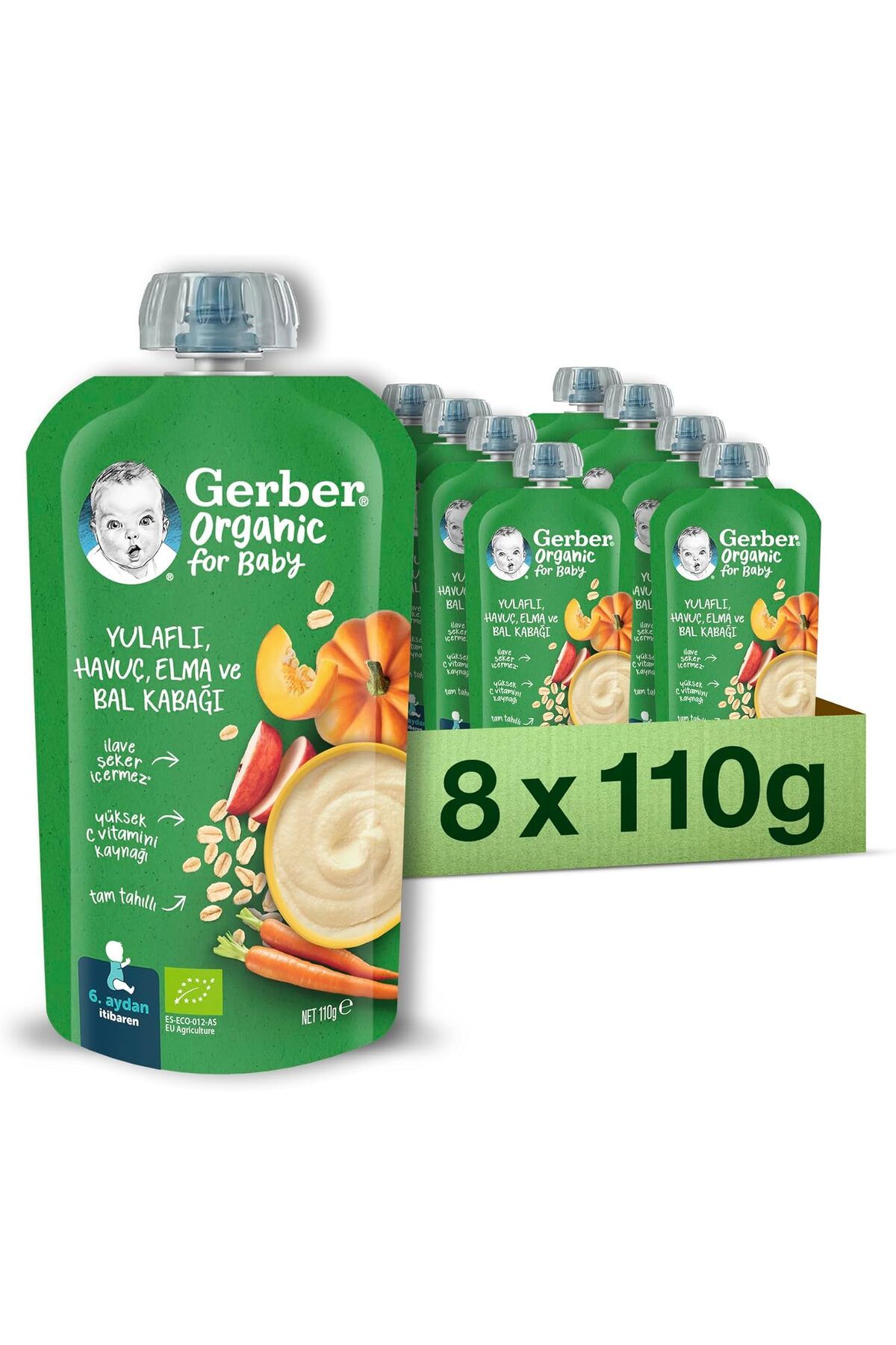 GERBER Organik Yulaflı Elma, Havuç ve Balkabaklı Püre 8x110g