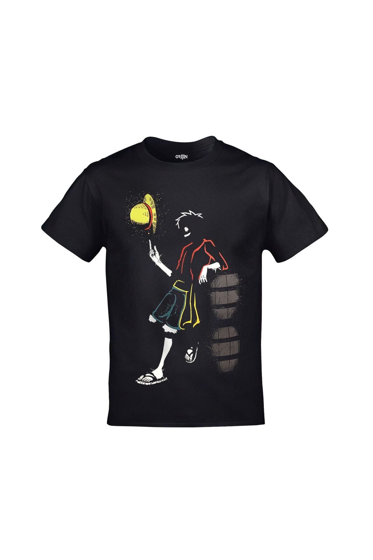 Pisa Art One Piece Luffy Anime Baskılı Unisex Siyah Tshirt