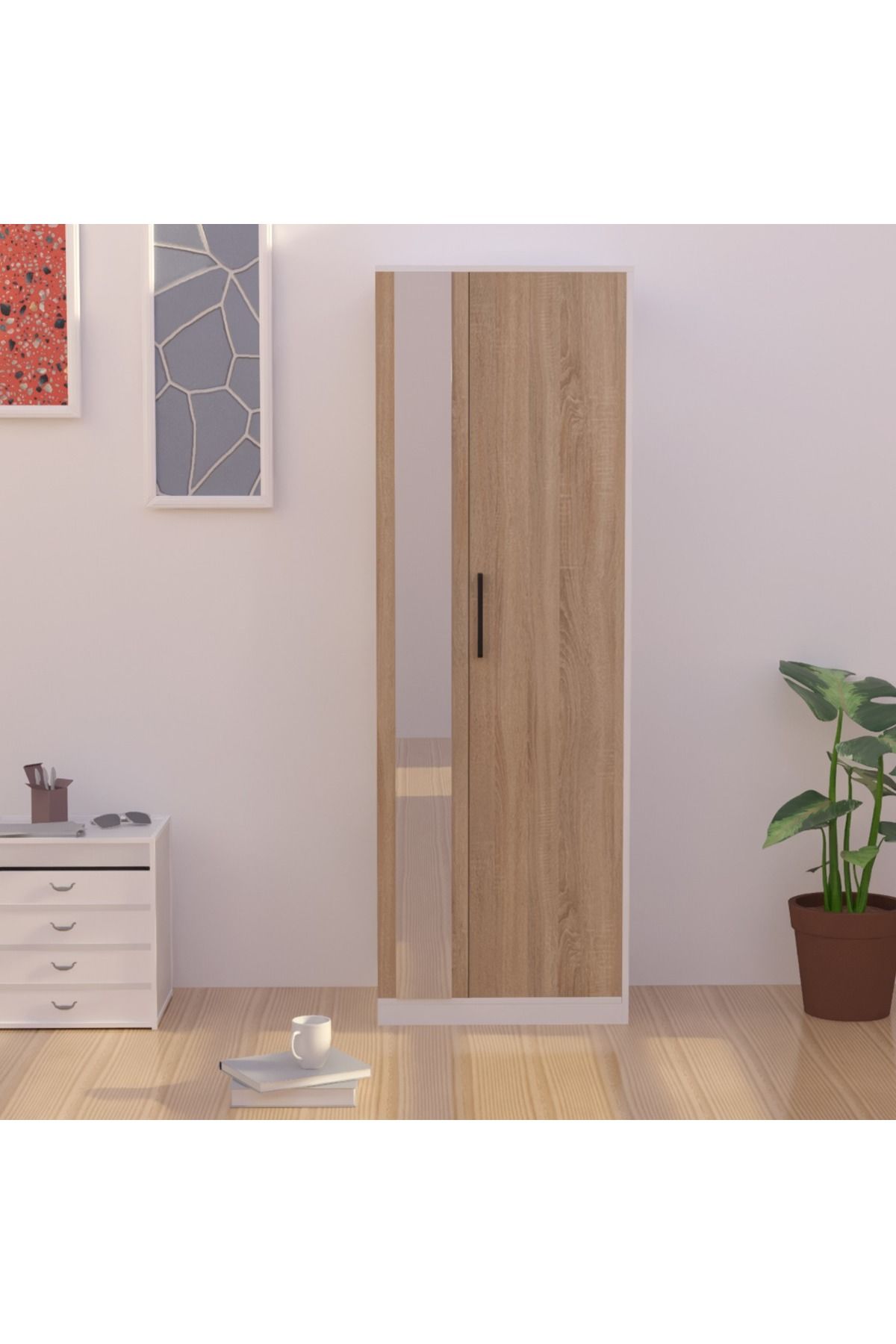 Mahmayi-Modern Wardrobe With Side Mirror And Side Shelf, Cabinet With Hangers - Grey Bardolino Oak 3