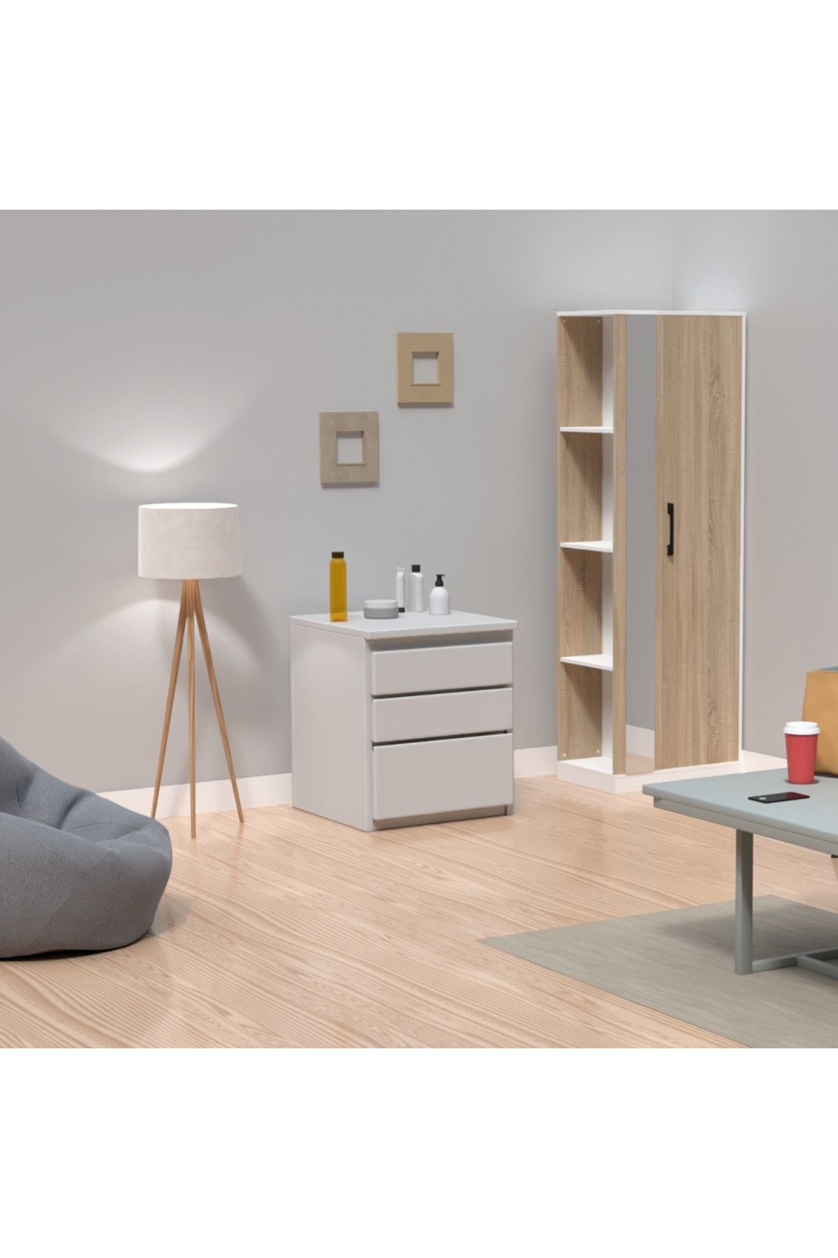 Mahmayi-Modern Wardrobe With Side Mirror And Side Shelf, Cabinet With Hangers - Grey Bardolino Oak 4