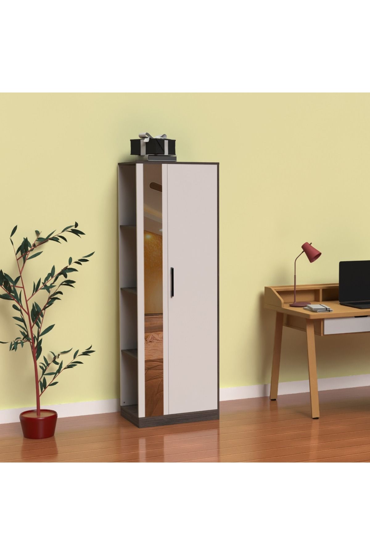Mahmayi-Modern Wardrobe With Side Mirror And Side Shelf, Cabinet With Hangers - Anthracite Sherman Oak 2