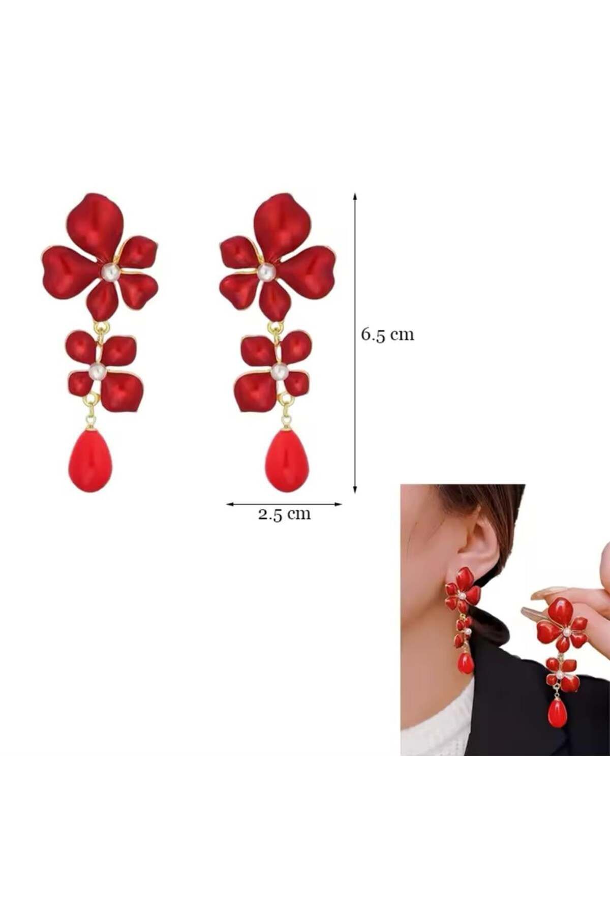 Pelin Aksesuar-Red Long Flower Earrings 1