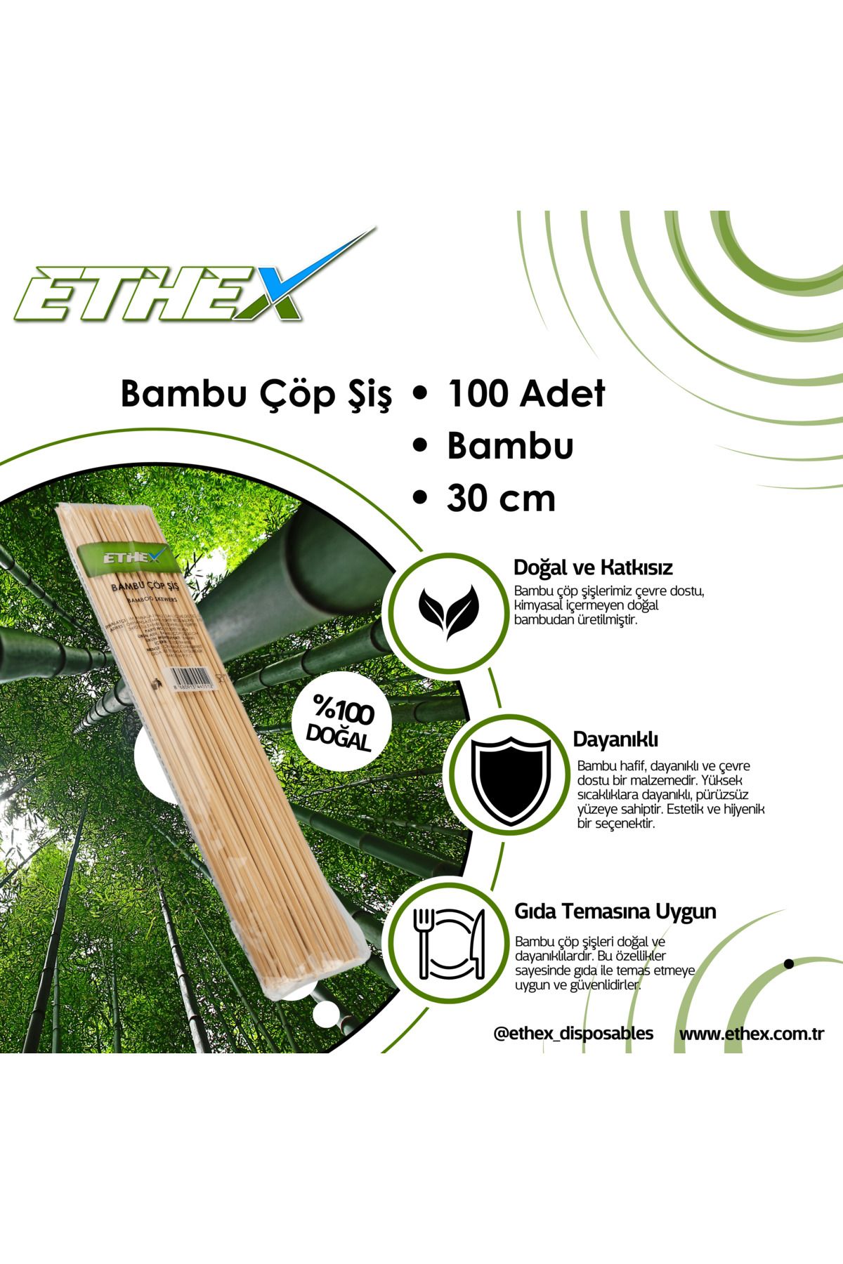 Ethex Bambu Çöp Şiş - (30 CM, 100 ADET, 2 PAKET, TOPLAM 200 ADET)