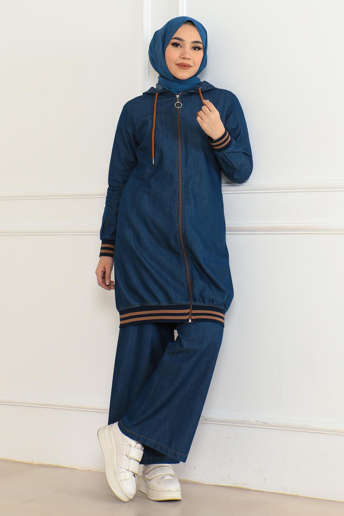 Modamihram-Dark Blue Zippered Jeans Set - Ribbed 19363 3