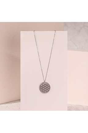 FOURSOLOS Çelik Kadın Kolye, Yaşam Çiçeği Model Taş Detaylı, Gümüş Renk, No:158