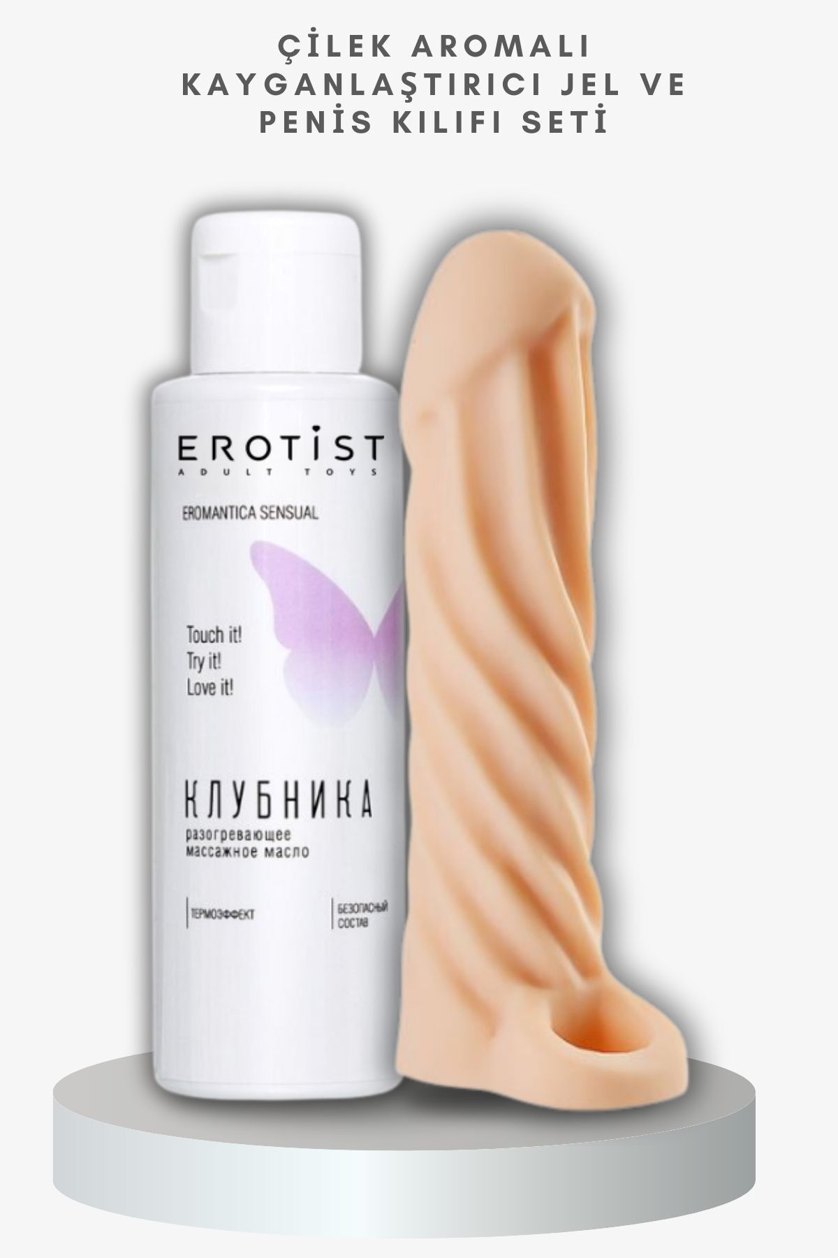 Erotist Çilek Aromalı Kayganlaştırıcı Jel ve Extra Uyarımlı Penis Kılıfı - Ayarlanabilir ve Kaymaz Özellik