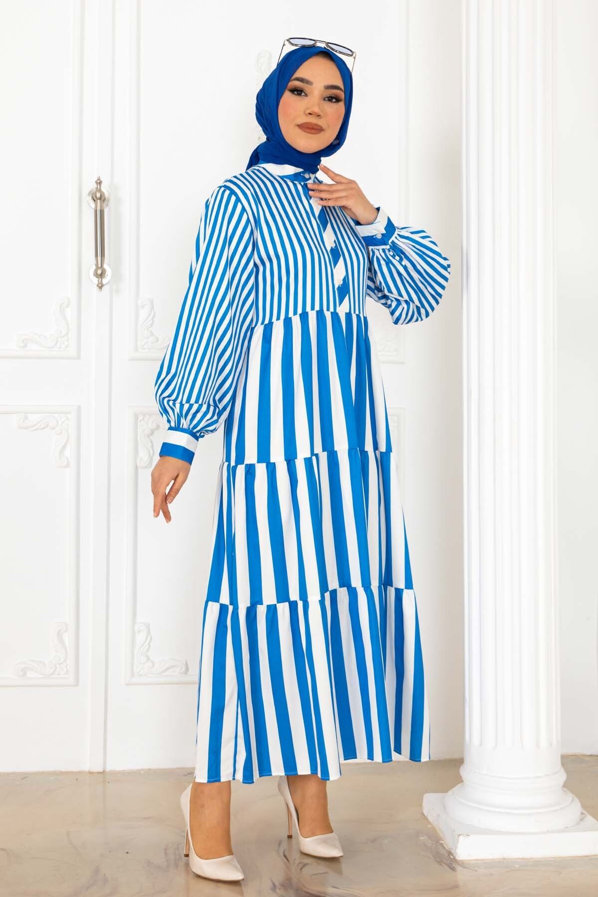 benguen-Blue Striped Satin Dress - 2114 4