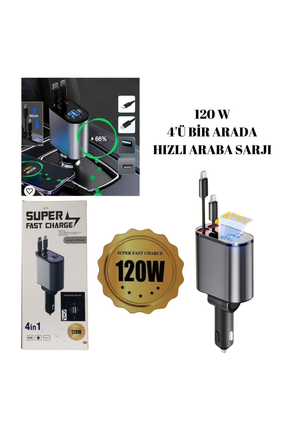 Orjinal 120 W 4'ü 1 Arada Araç Şarj Cihazı – Type-C, Lightning, USB ve Kablolu Type-C Portlu