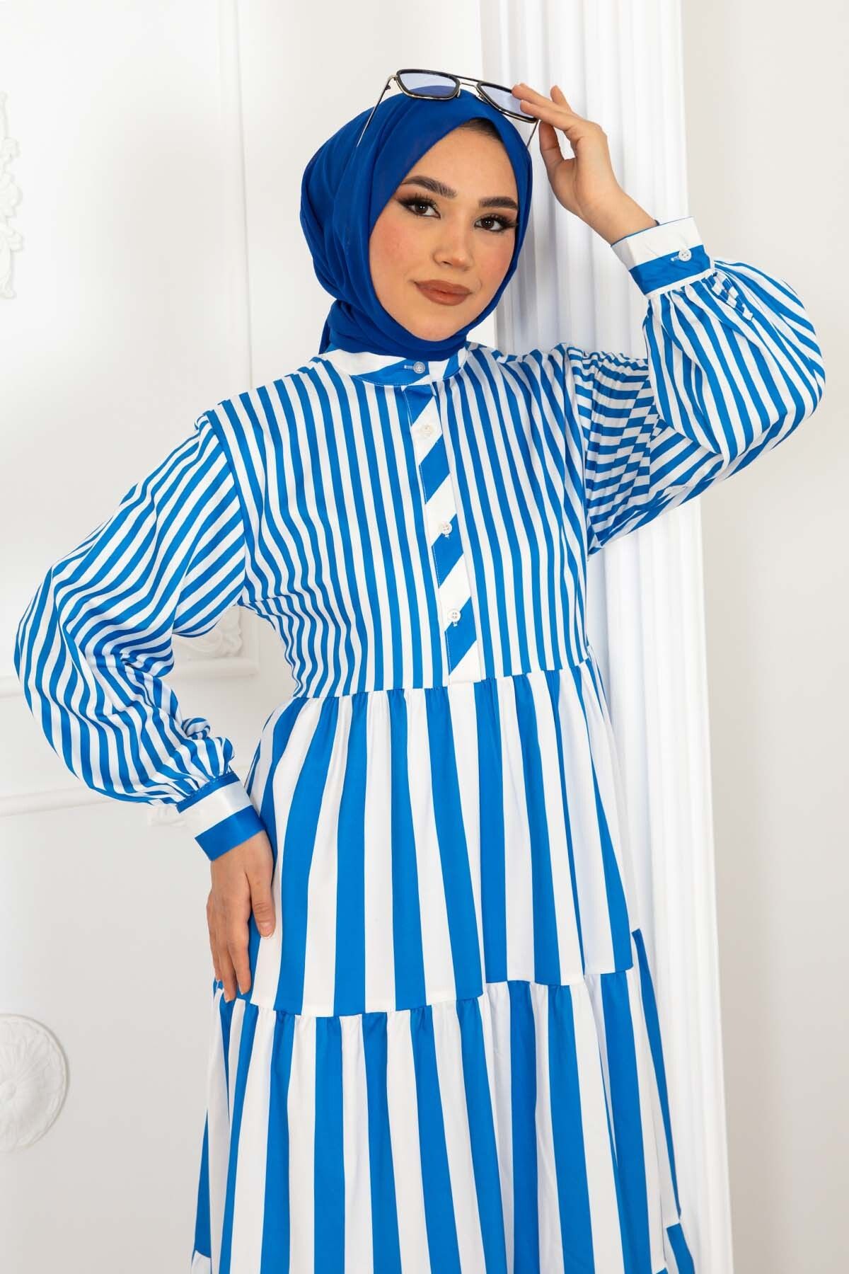 benguen-Blue Striped Satin Dress - 2114 2