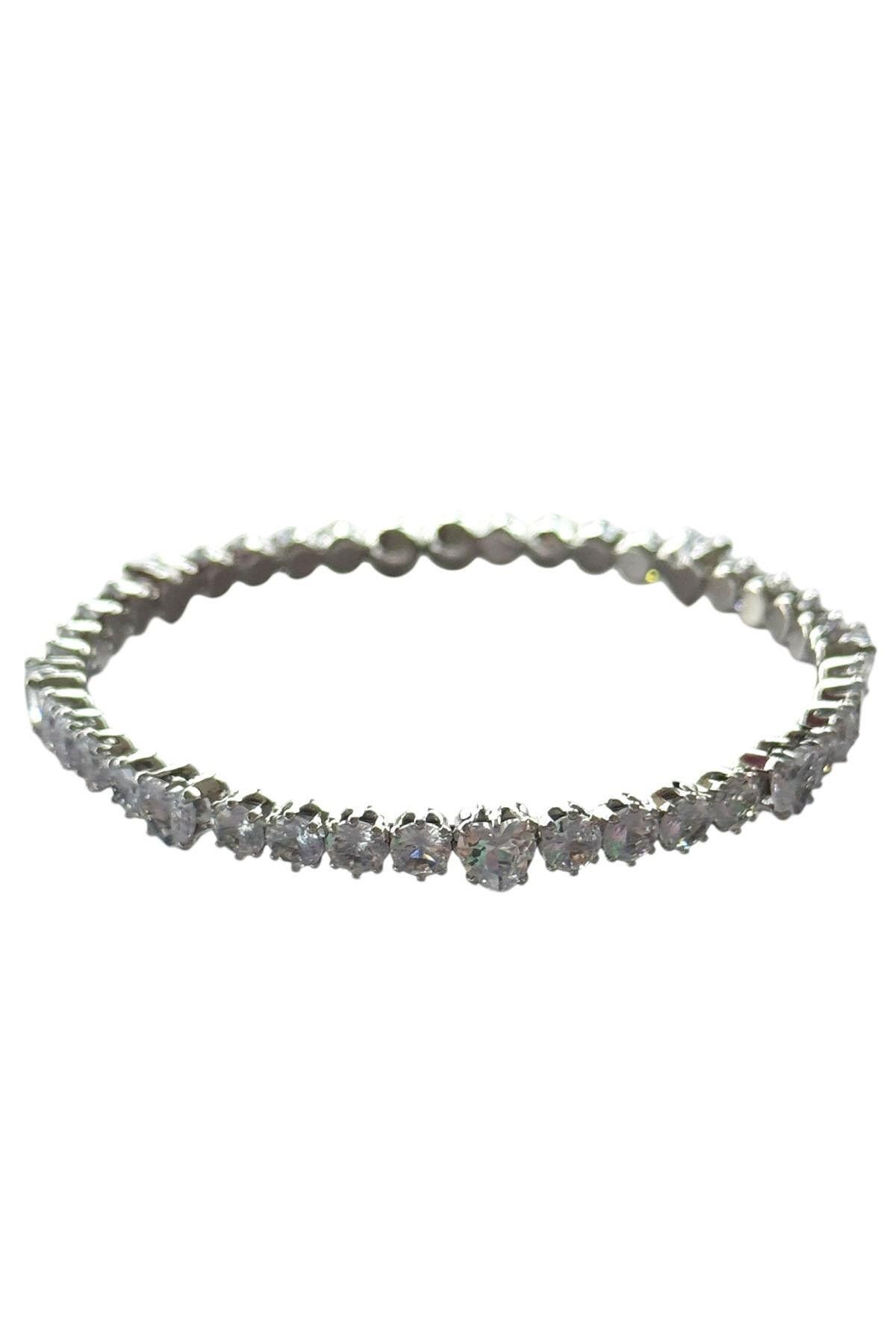 TAKIŞTIR-Silver Color Heart Figured Stone Detailed Bracelet 1