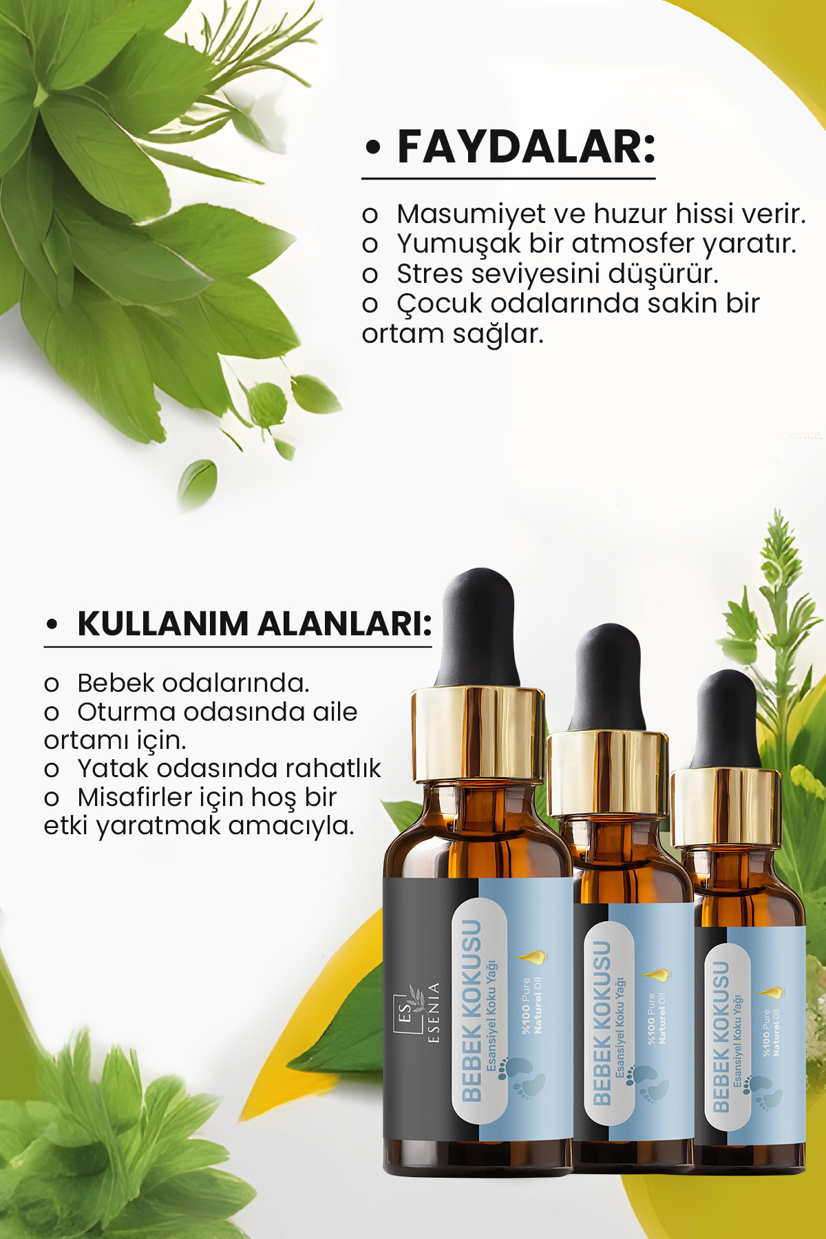 ESENIA Bebek Kokusu 3'lü Set Esansiyel Uçucu Yağı Buhurdanlık Difüzör Esansı Oda Banyo Parfümü 10ml X 3 fotoğrafı 2 (önizleme)