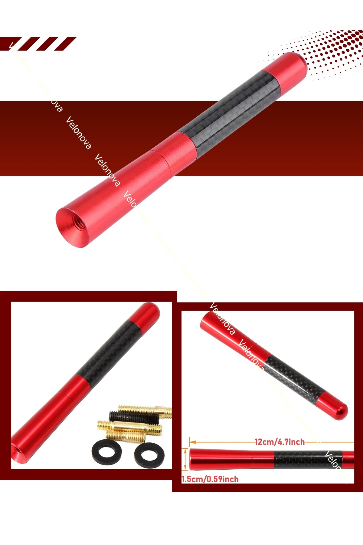 Velonova Peugeot 206 Uyumlu Alüminyum Karbon Fiber Oto Araç Anten Çubuğu Kırmızı
