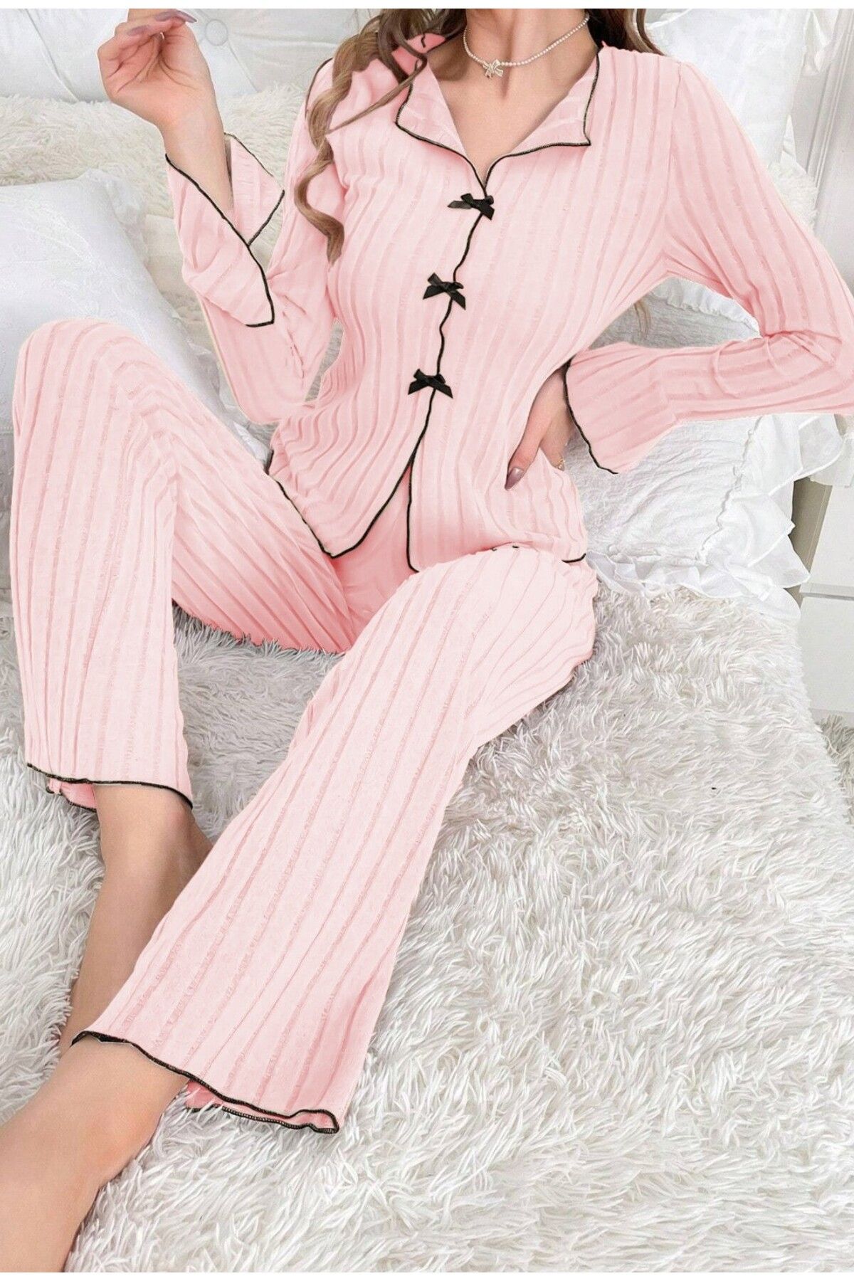 BELLA NOTTE Pembe Uzun Kollu Fiyonk Detaylı Pijama Takımı