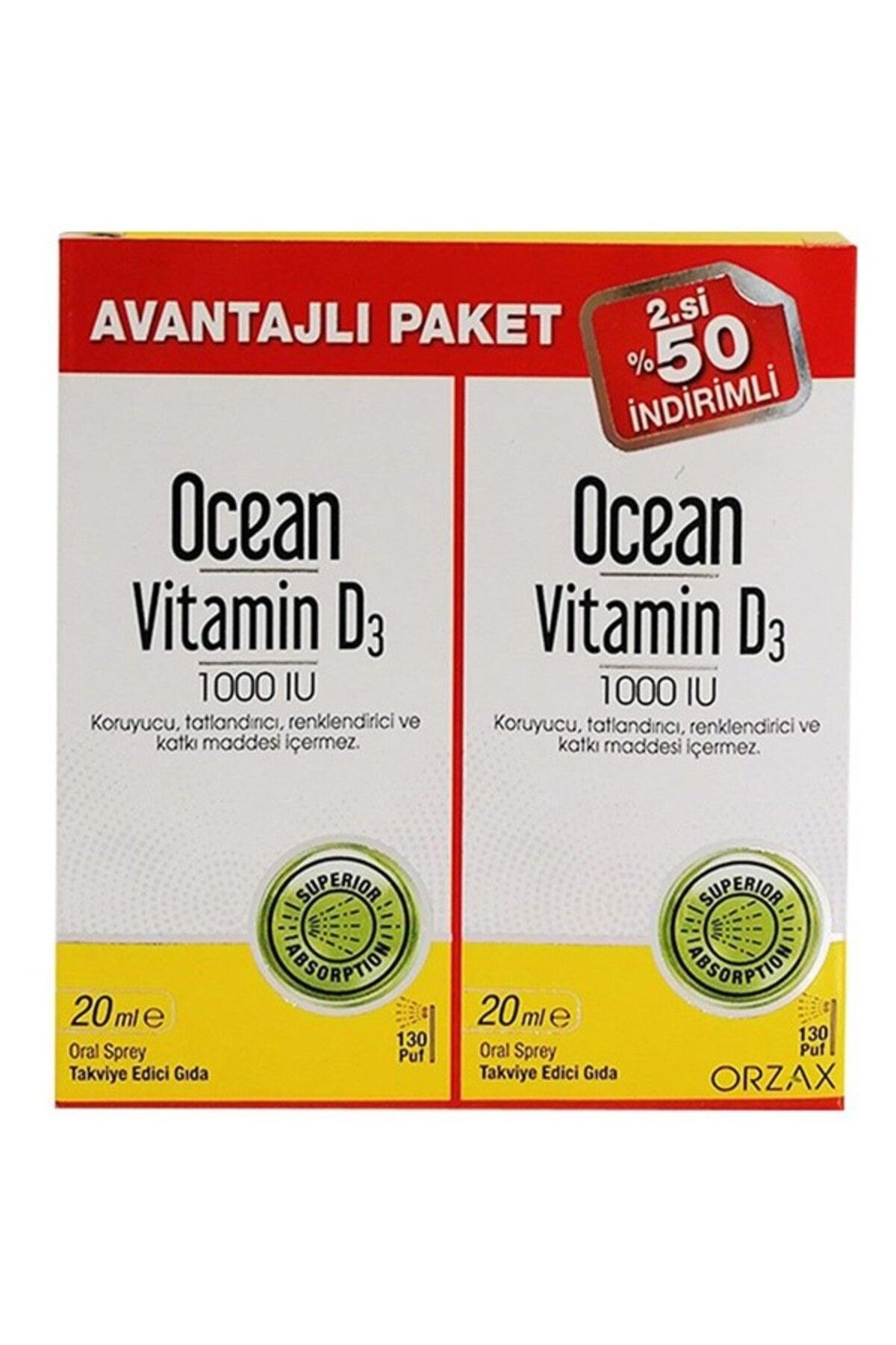 Ocean Vitamin D3 1000 Iu Sprey 20 ml 2'li Avantaj Paket