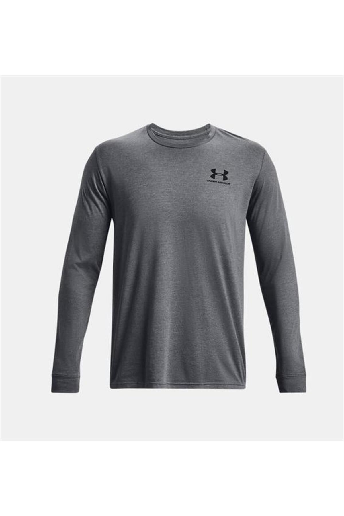 تی شرت ورزشی خاکستری مردانه و زنانه UA ورزشیtyle در سمت چپ قفسه سینه آستین بلند 1329585 012 Under Armour