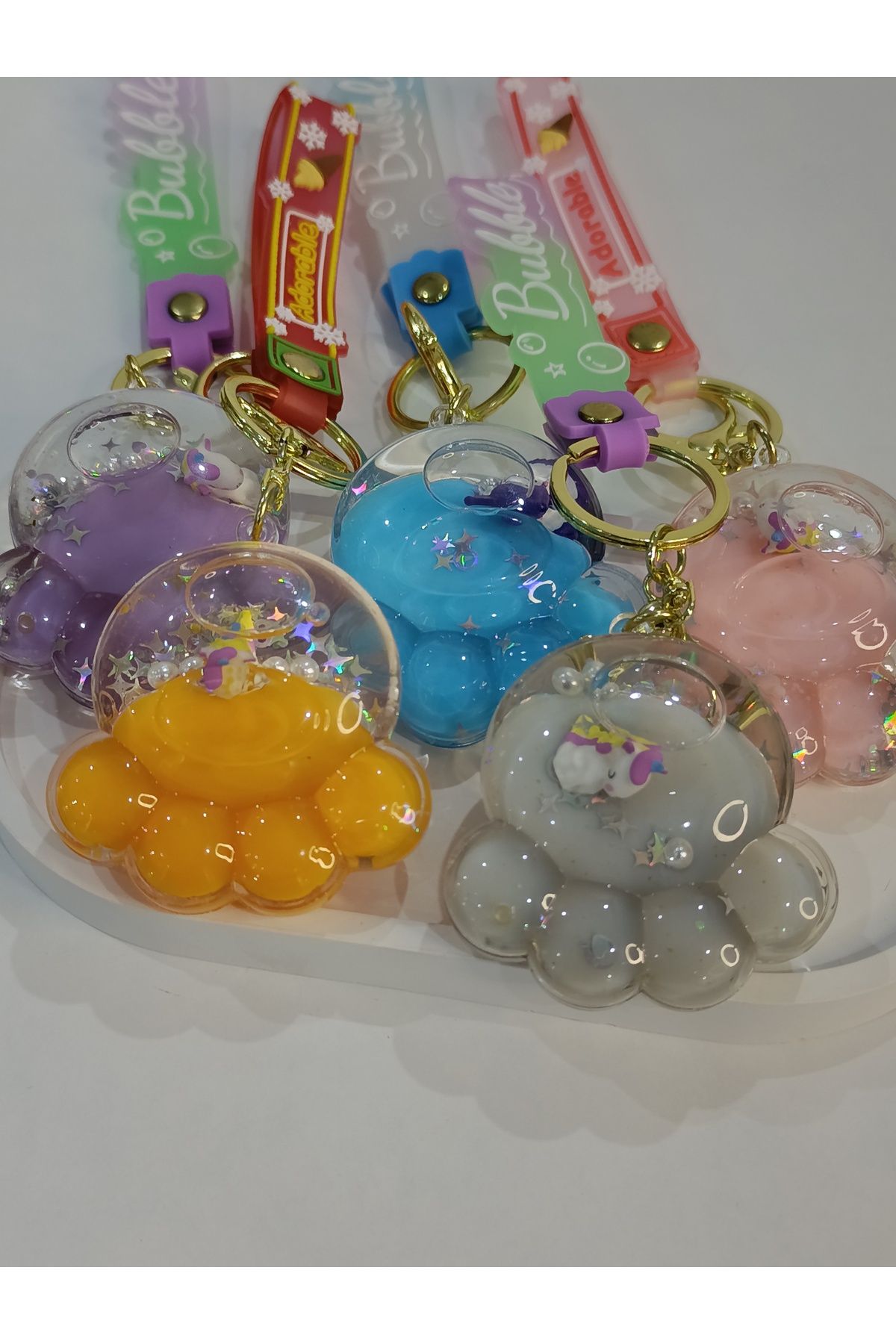 PileaD-Pearled Glittering Unicorn Figured Rabbit Paw Water Keychain, Bag Ornament 3