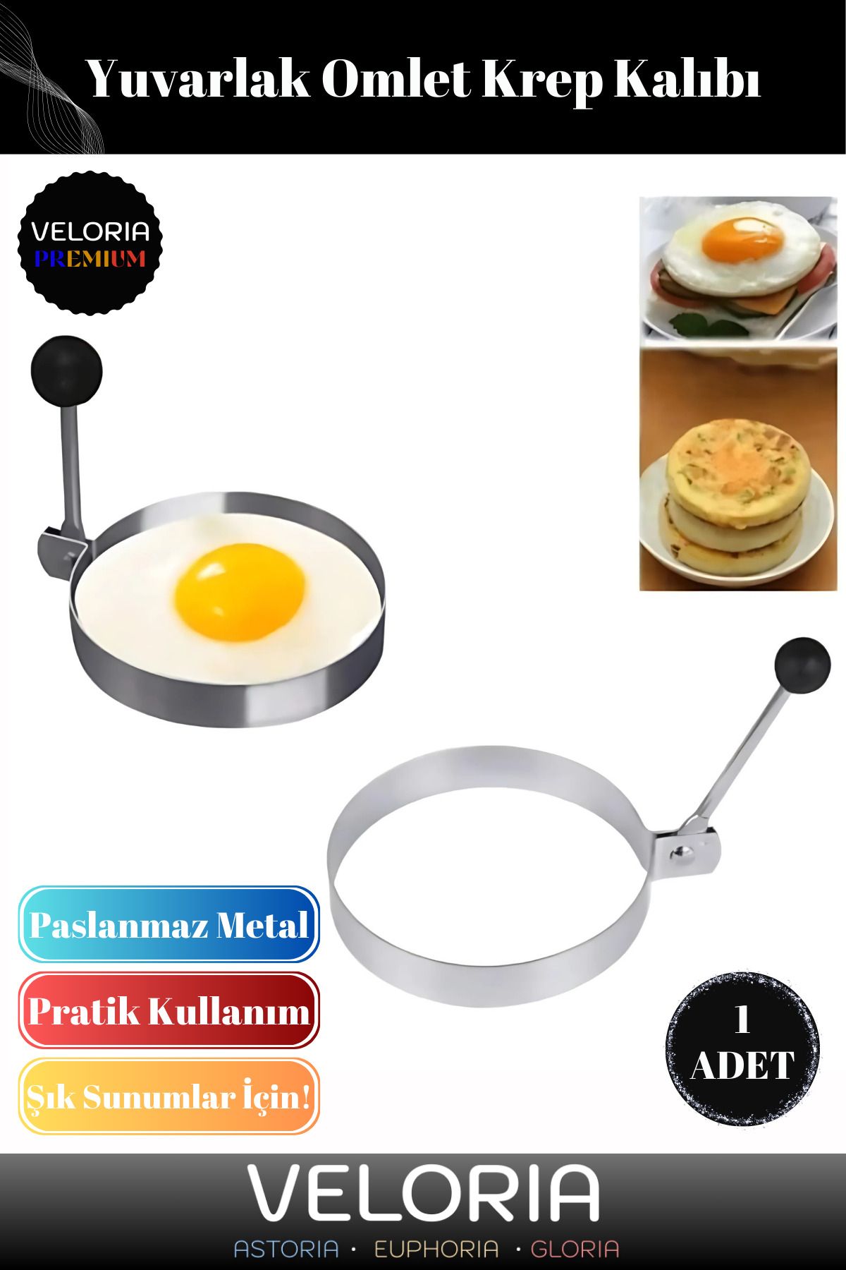 Veloria Premium Seri Yapışmaz Yanmaz Pratik Görsel Şık Sunum Yuvarlak Metal Omlet Krep Kalıbı 1 Adet