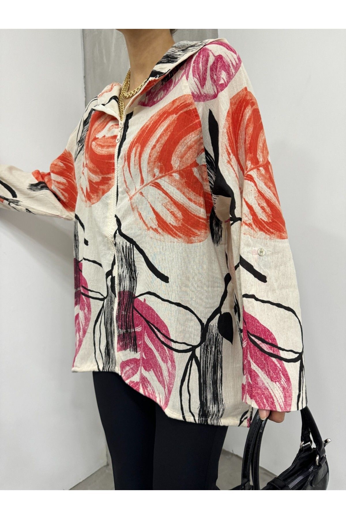 Modamorfo-Gemusterte Leinenjacke mit Reißverschluss und fester Kapuze 2