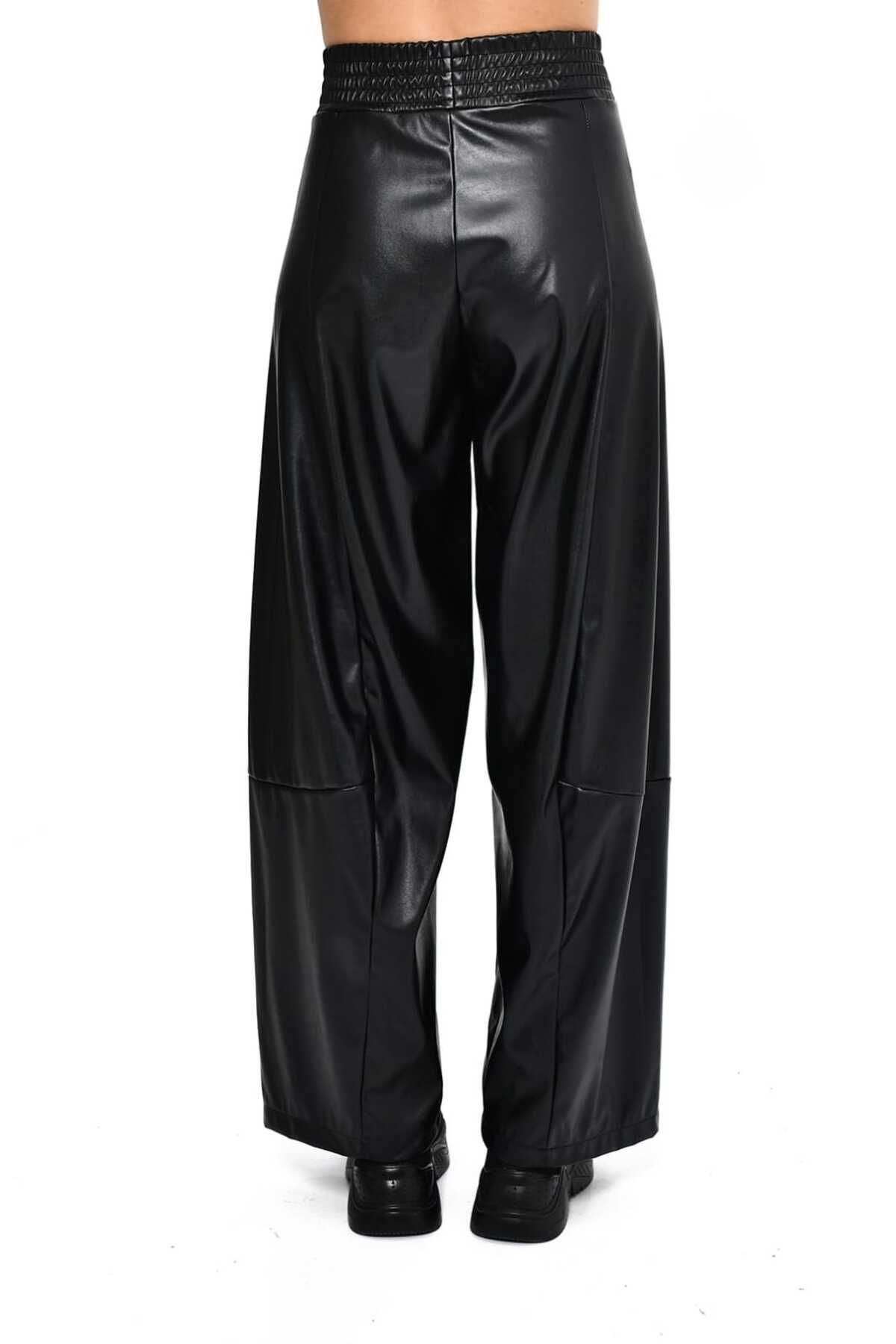 DQMANE-Women's Faux Leather Pants Black Elastic Waist Thick Belt Wide Leg Comfortable Fit 7