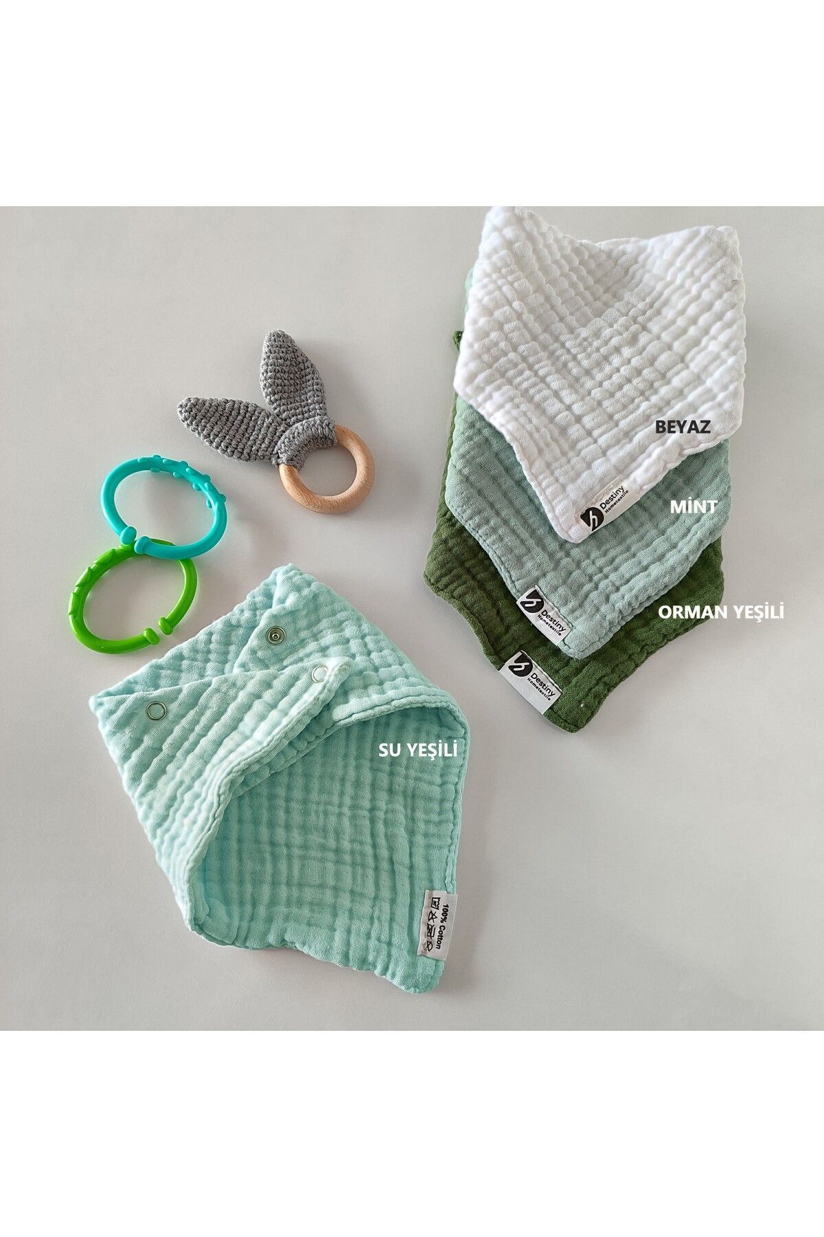 destinyhometex %100 Pamuklu 8 Kat Muslin Kumaş Üç Çıtçıtlı 4'lü Bebek Mama Önlüğü Ve Gaz Çıkarma Omuz Örtüsü Set fotoğrafı 5 (önizleme)