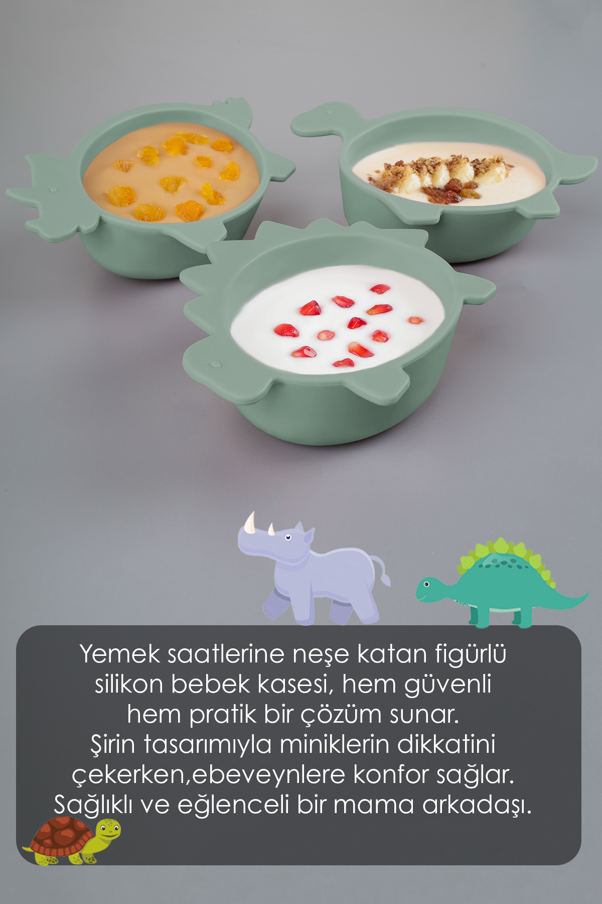 Meleni Baby 3'lü Hayvan Figürlü Silikon Bebek Mama Kasesi Seti - Şekilli Bebek Beslenme Kasesi Yeşil fotoğrafı 5 (önizleme)