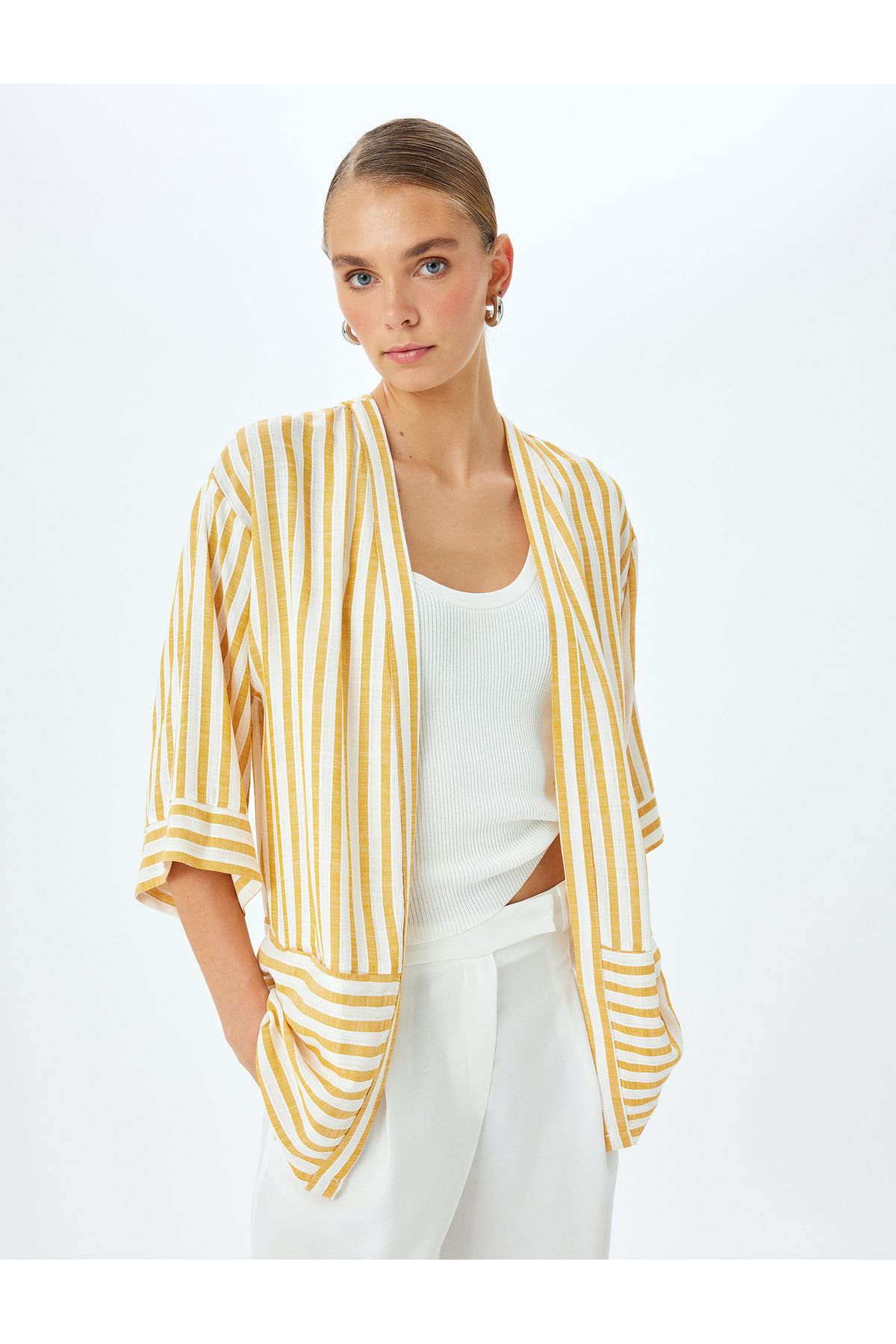 Koton-3/4 Wide Sleeve Pocket Striped Viscose Kimono 3