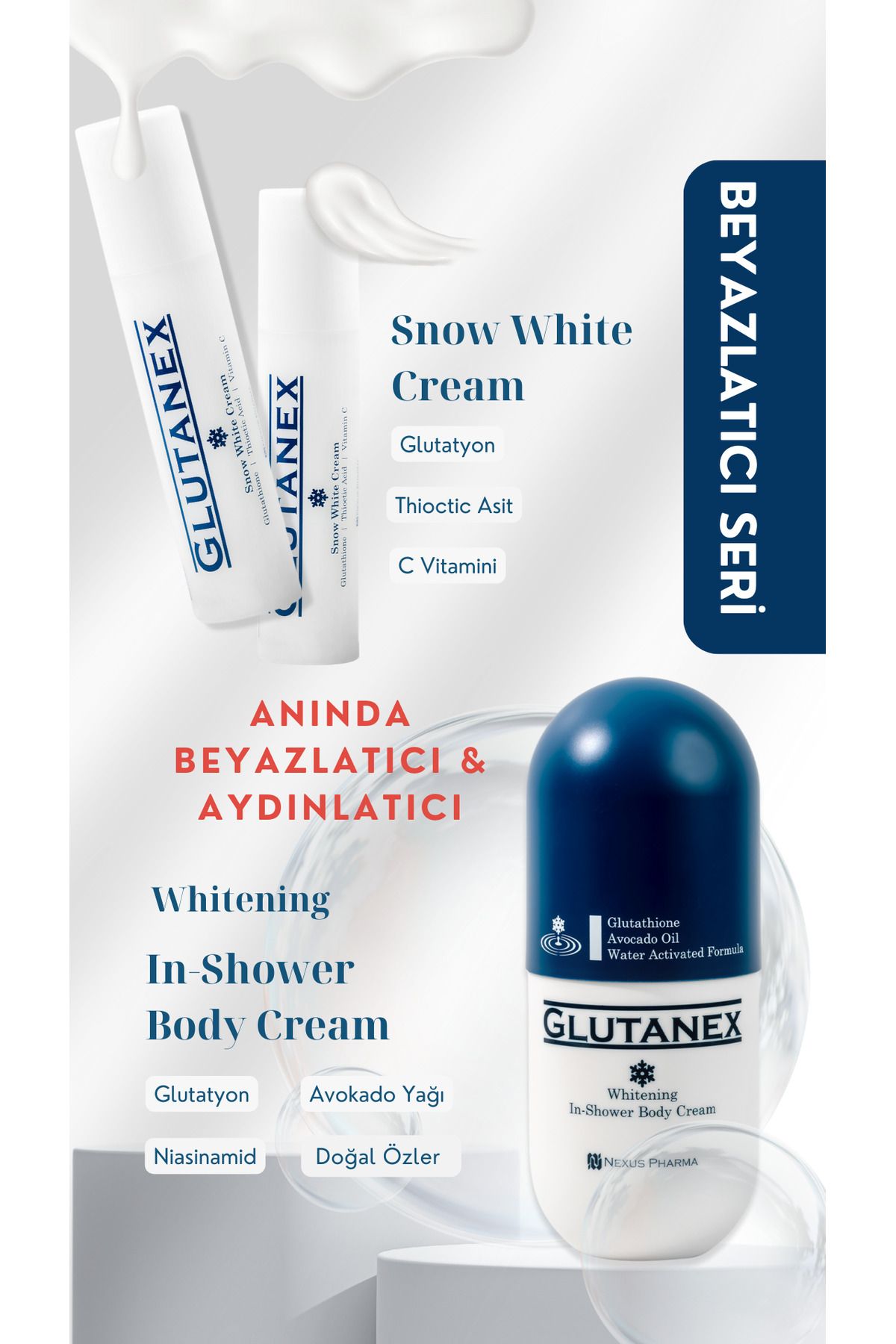 GLUTANEX Beyazlatıcı Seri-Snow White Krem ve Duşta Beyazlatıcı Vücut Kremi