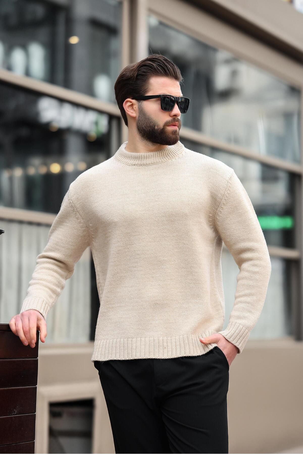 Madmext-Beige Crew Neck Overfit Men's Knitwear Sweater E7402 7