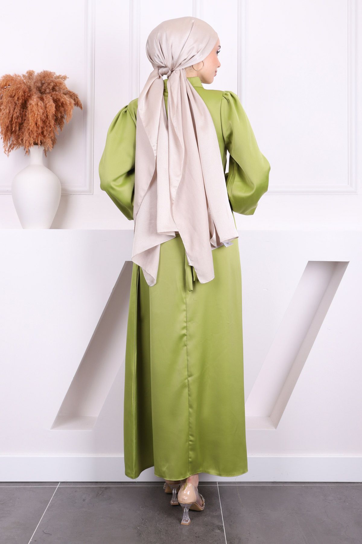 İmajButik-Oil Green Prevailing Neckline Balloon Sleeve Satin Evening Dress 4