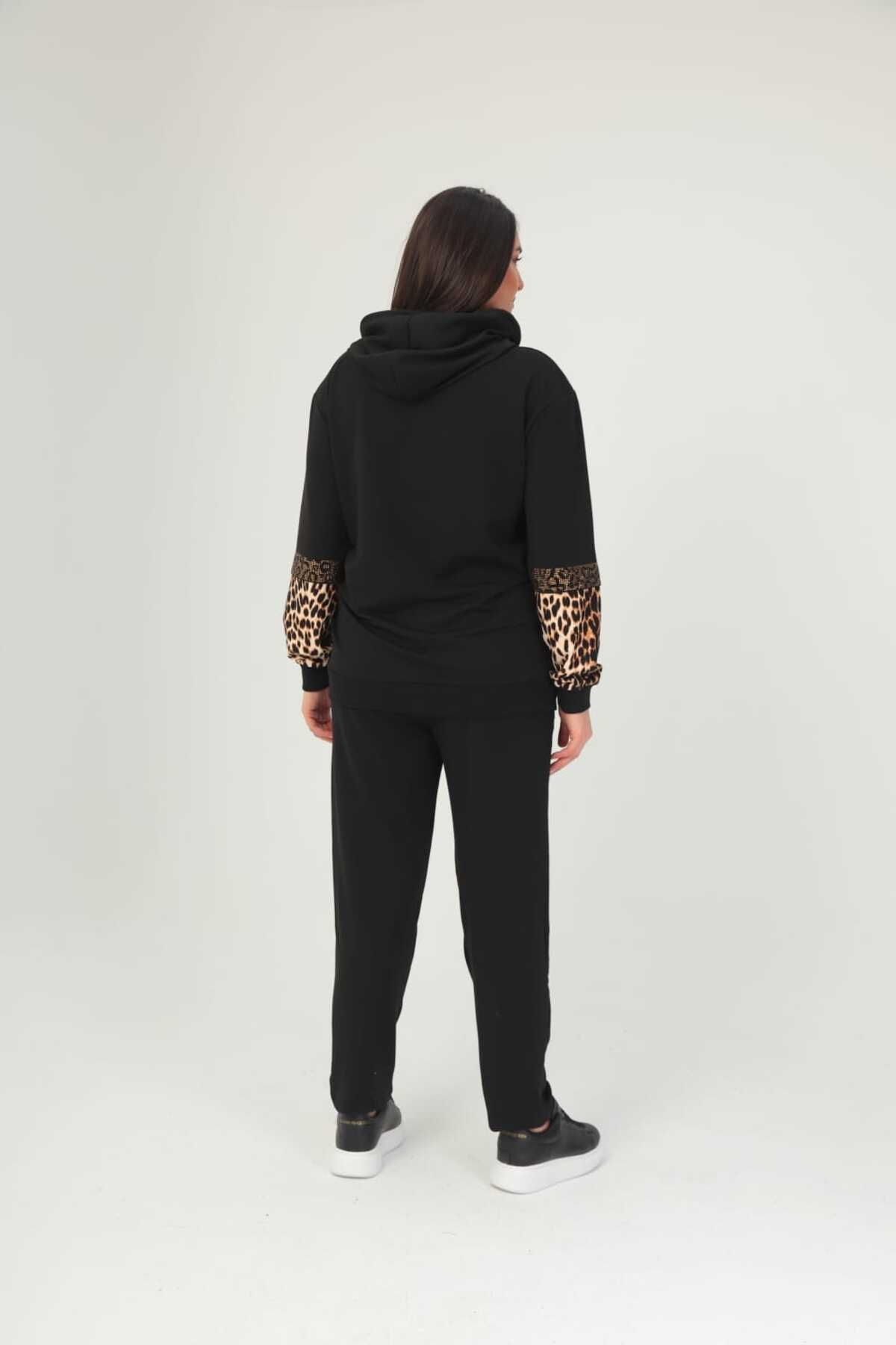 Esina-Women's Two Yarn Pipe Leg Leopard and Stone Detailed Front Zipper Tracksuit Set 4