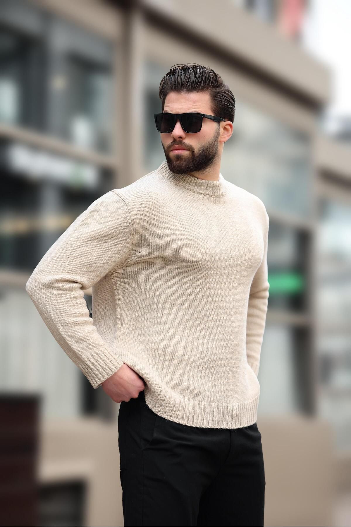 Madmext-Beige Crew Neck Overfit Men's Knitwear Sweater E7402 5