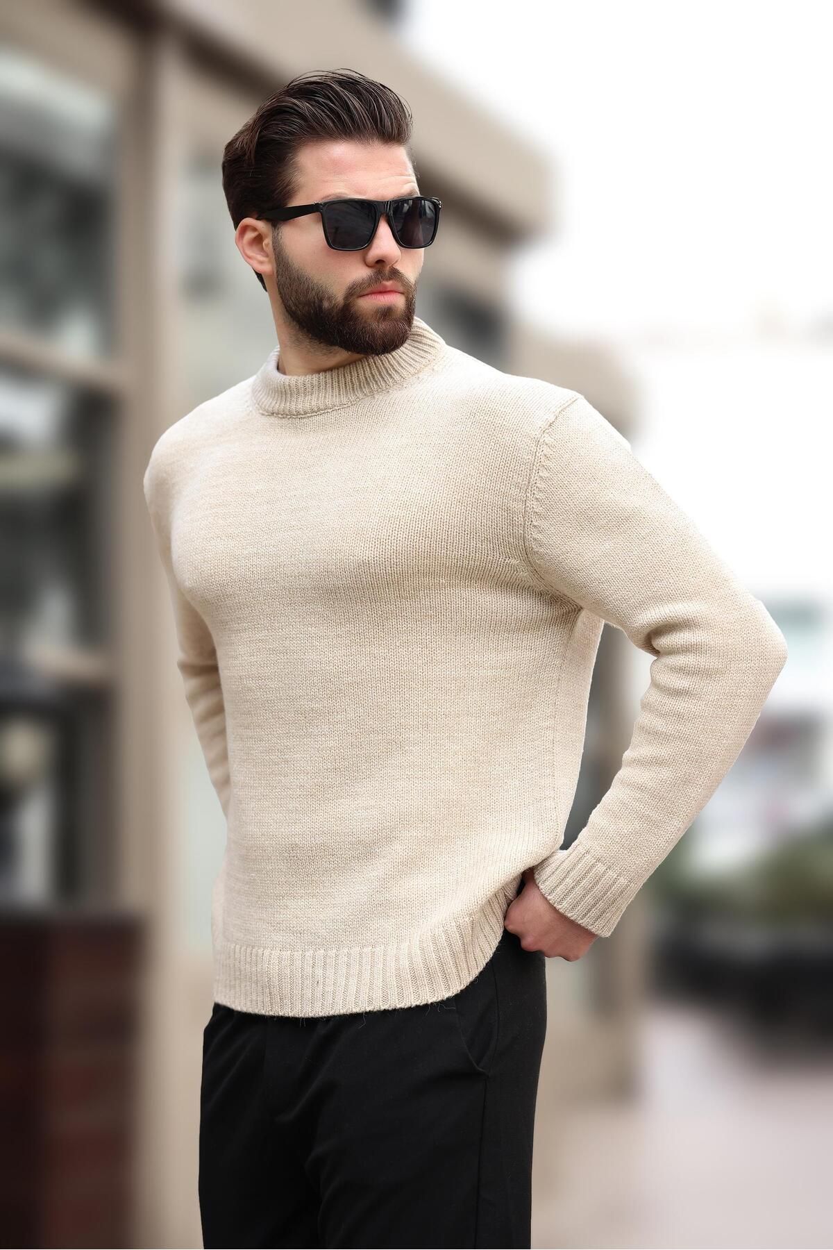 Madmext-Beige Crew Neck Overfit Men's Knitwear Sweater E7402 4