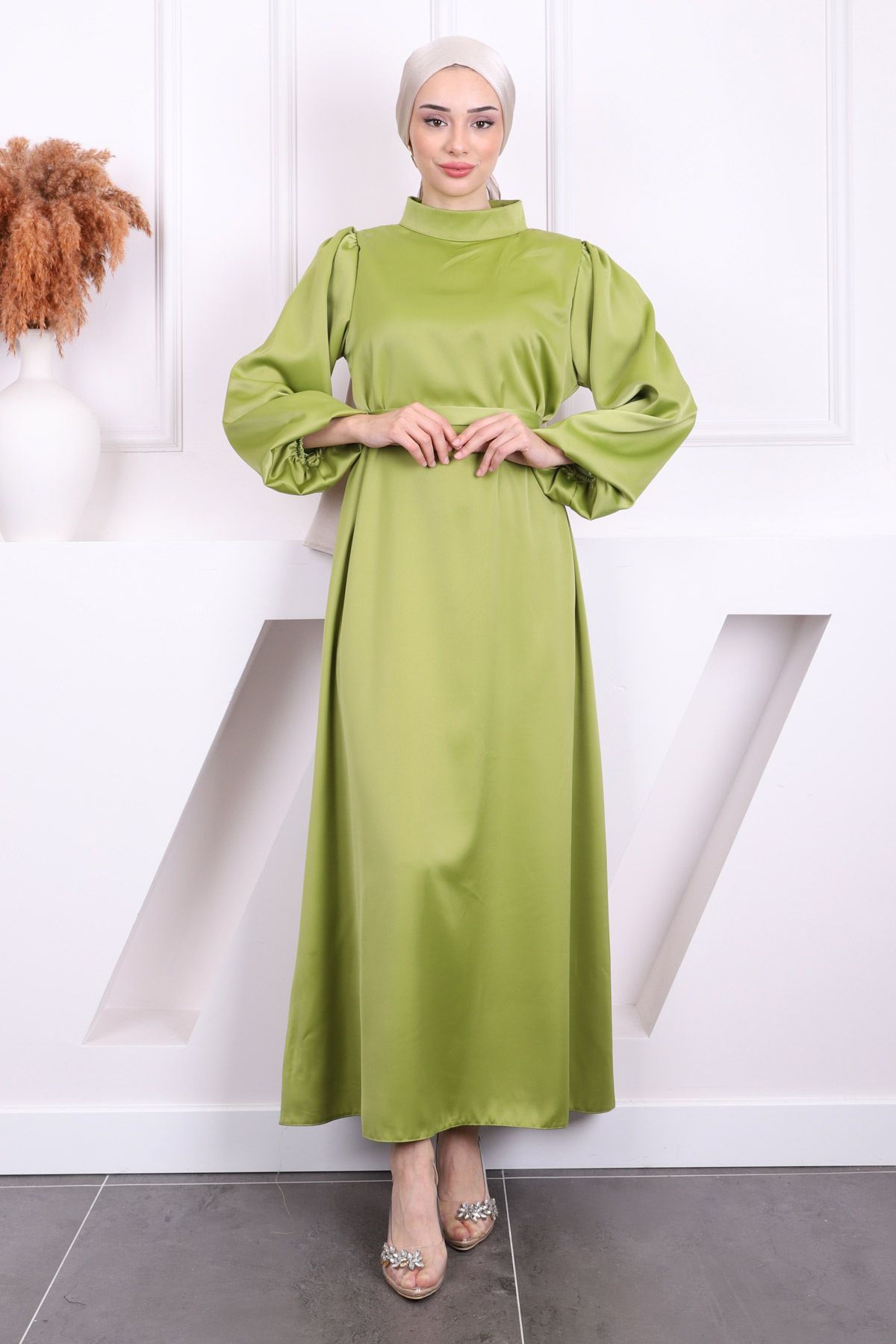 İmajButik-Oil Green Prevailing Neckline Balloon Sleeve Satin Evening Dress 1