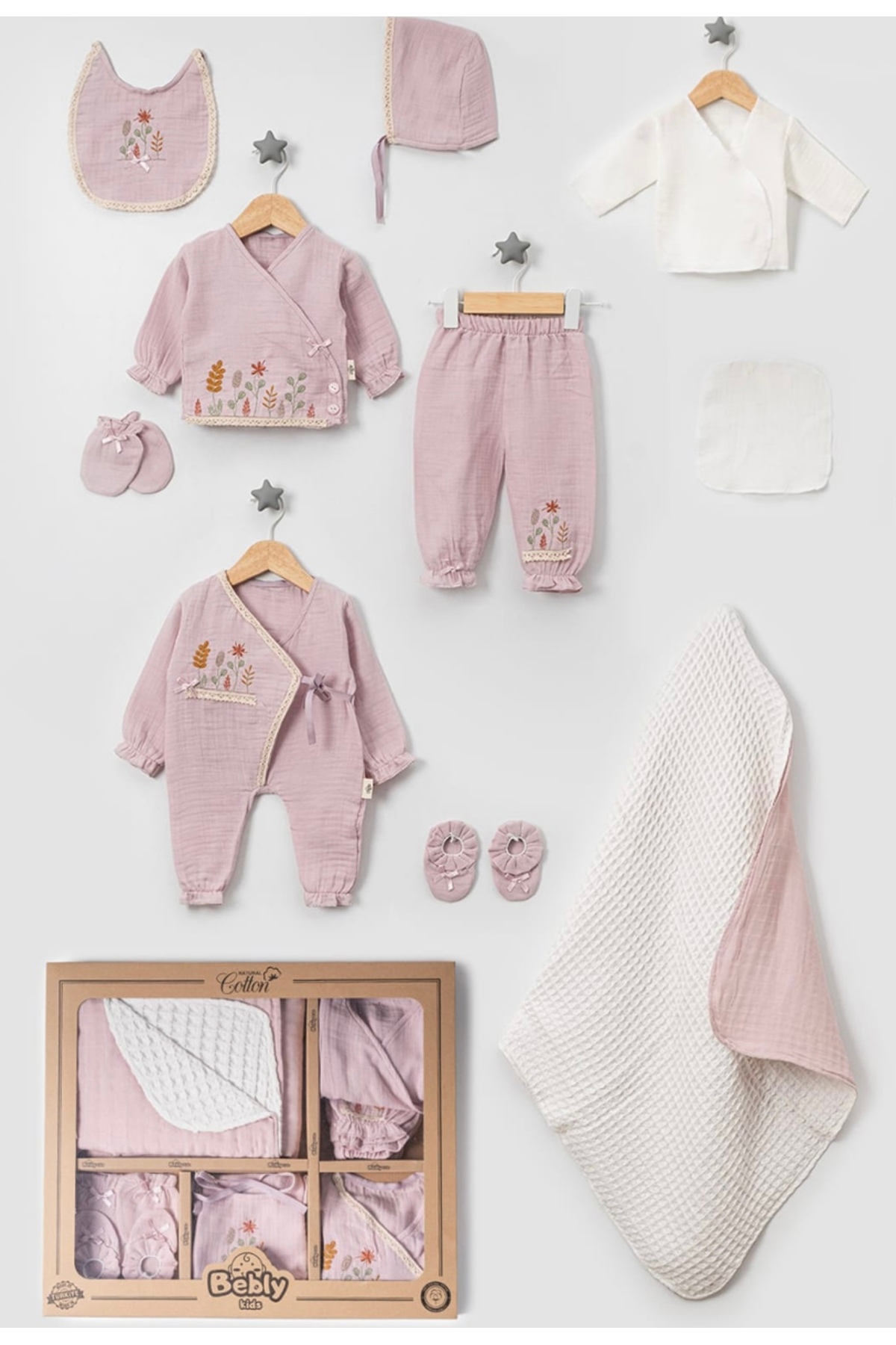 Cherub Baby Müslin Çiçekli Bebly Kız Bebek Yenidoğan 10 Parça Hastane Çıkışı Zıbın Seti fotoğrafı 3 (önizleme)