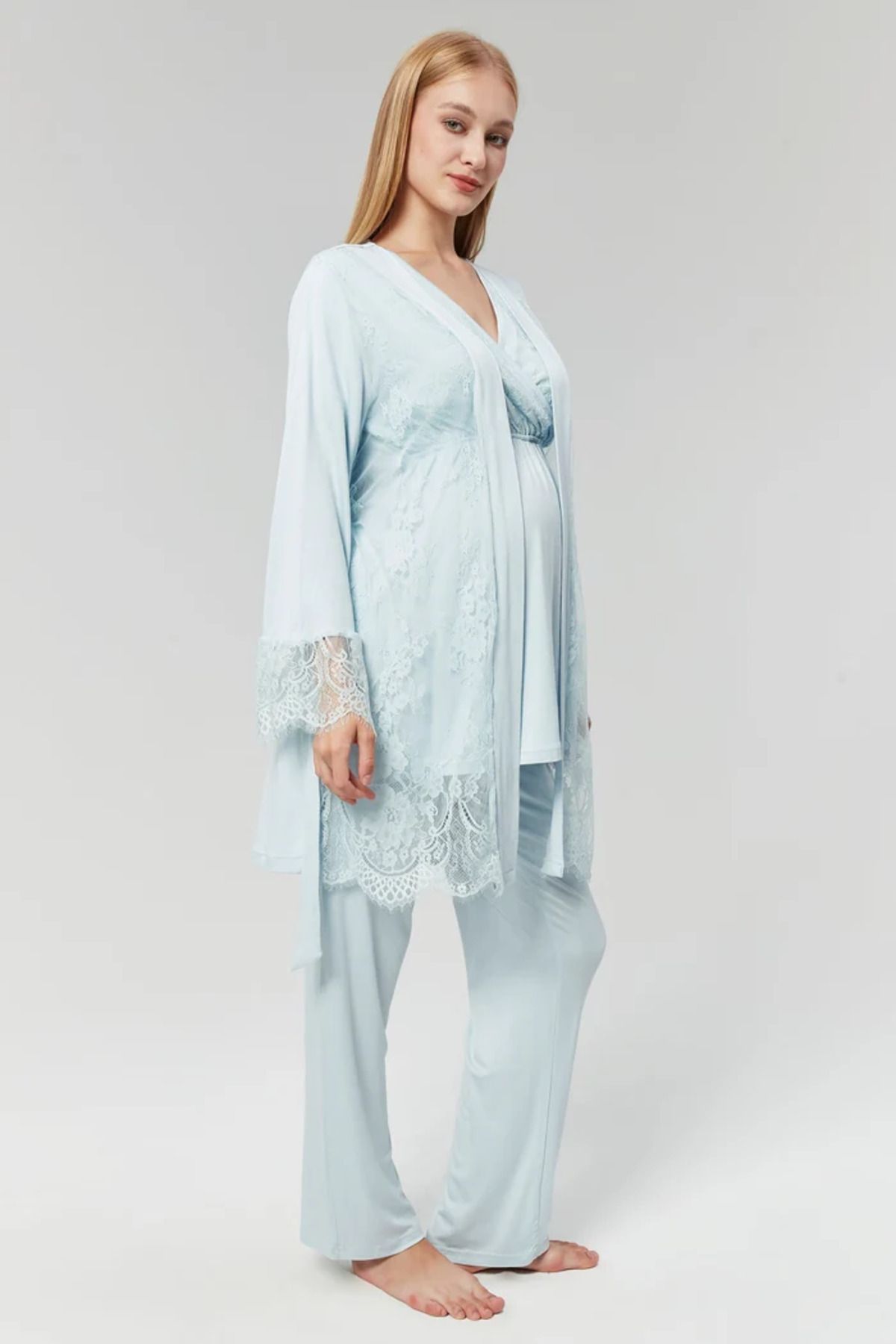 BEYVİP-Women's Blue Lace Dressing Gown Double Breasted Maternity Pyjama Set 1