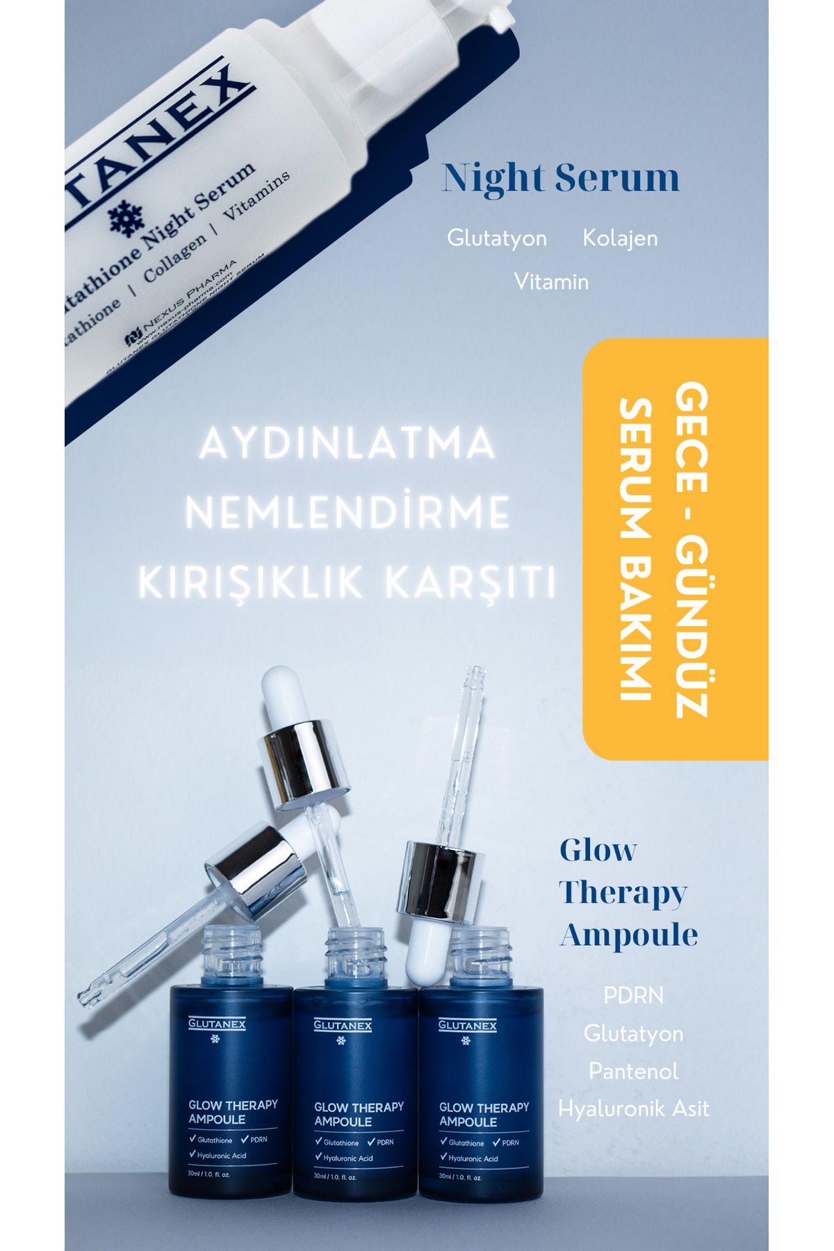 GLUTANEX Gece/Gündüz Serum Seti-Gece Serumu ve Glow Therapy Ampoule