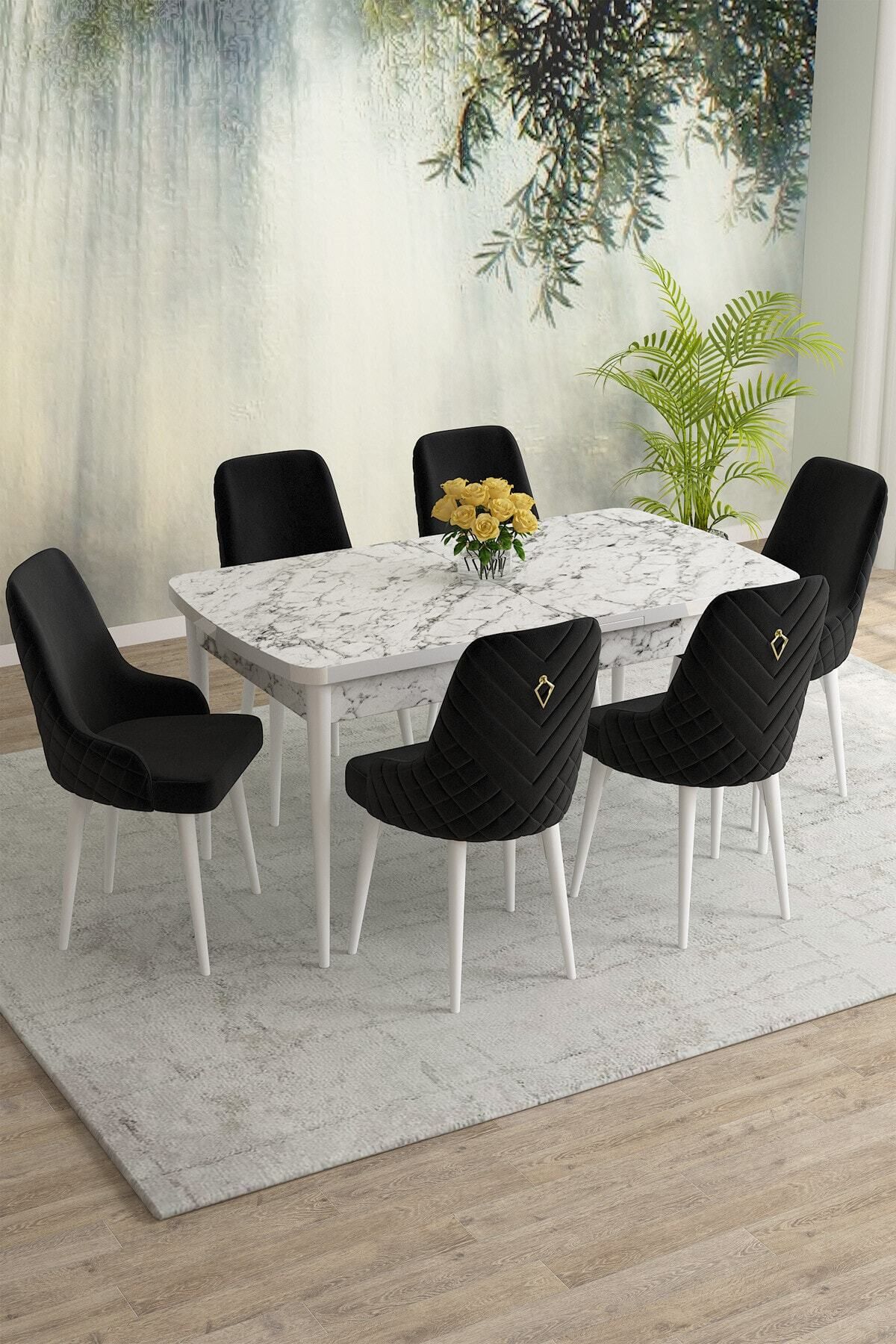 Natan Beyaz Mermer Desen 80x132 Mdf Açılabilir Yemek Masası Takımı 6 Adet Sandalye-0