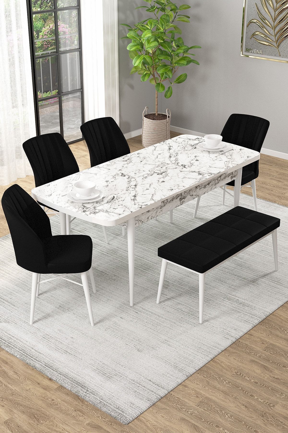 Vien Beyaz Mermer Desen 80x132 Mdf Açılabilir Yemek Masası Takımı 4 Sandalye, 1 Bench-1