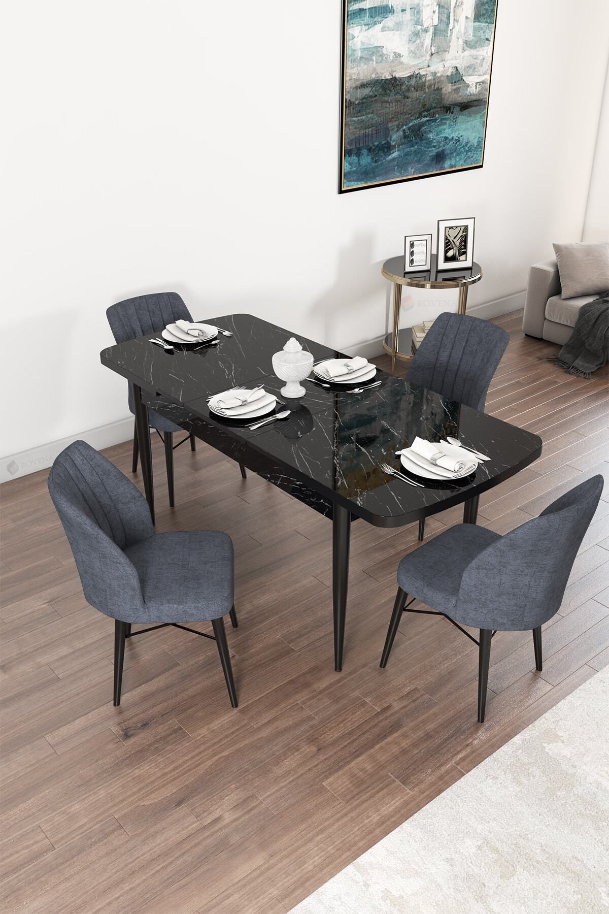 Vien Siyah Mermer Desen 80x132 Mdf Açılabilir Mutfak Masası Takımı 4 Adet Sandalye-1