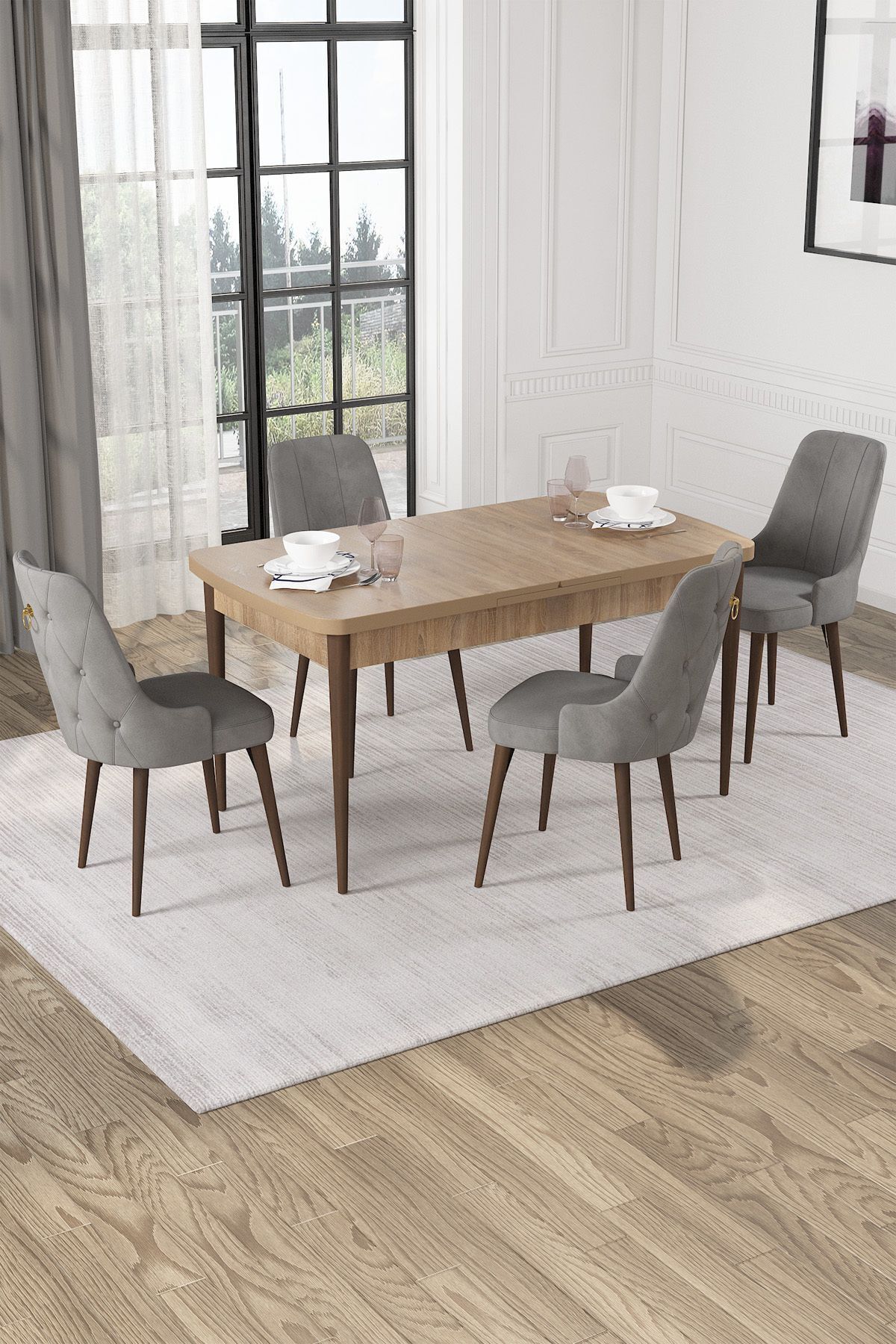 Evan Meşe Desen 80x132 Açılabilir Mutfak Masası Takımı 4 Adet Sandalye-0